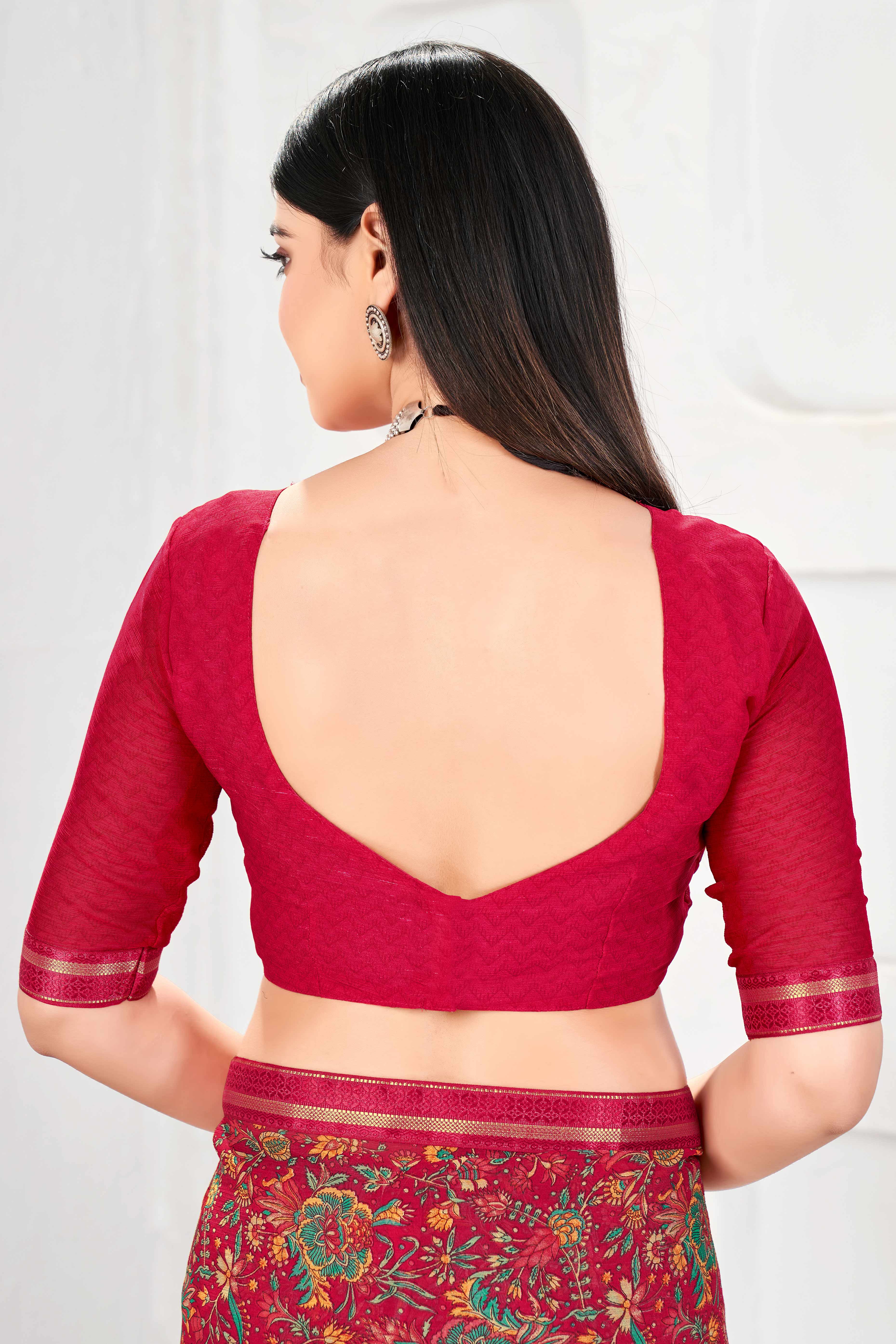 Elegant Floral Printed Chiffon Saree In Reddish Pink With Delicate Lace Border