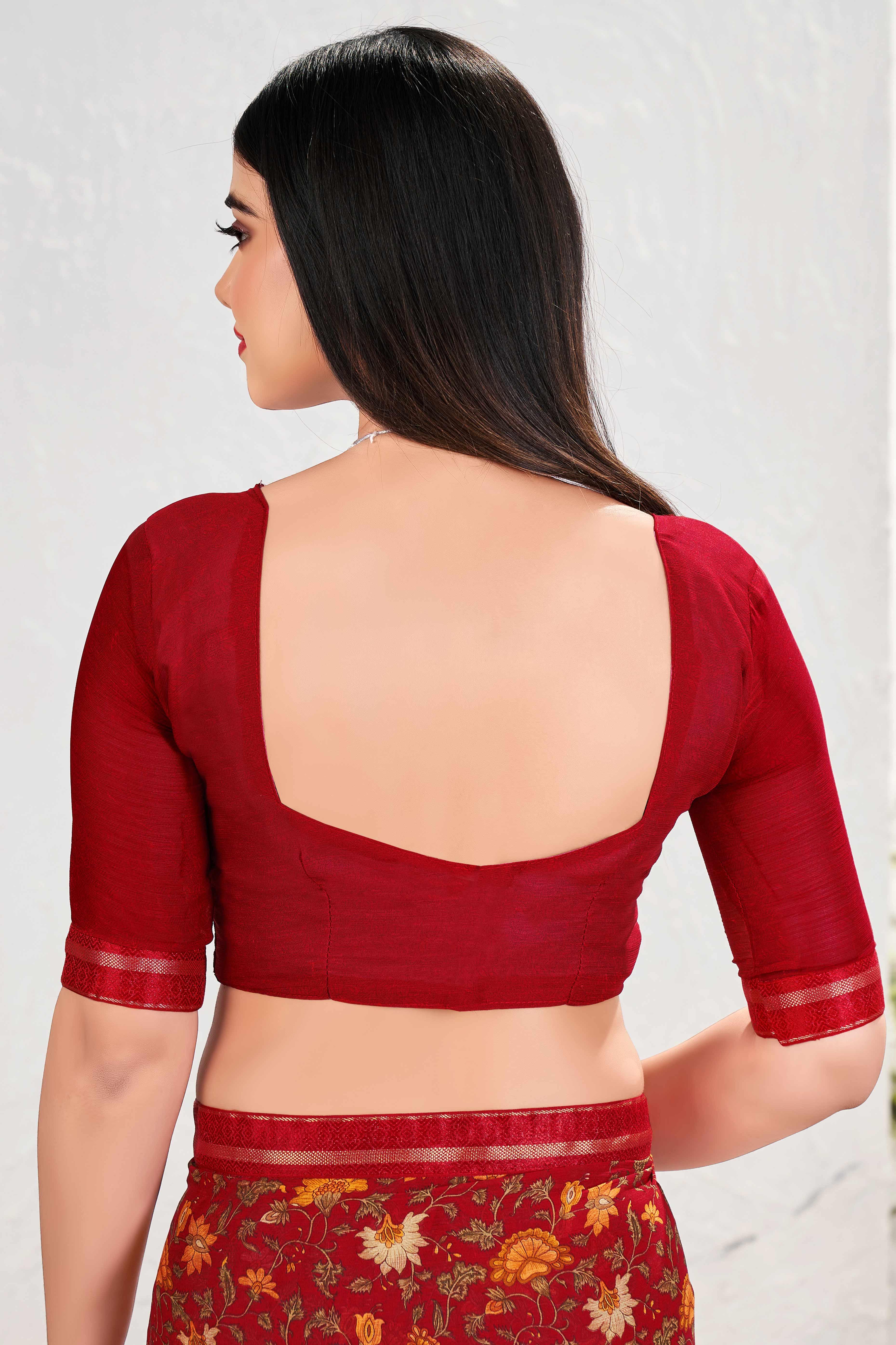 Refreshing Floral Printed Chiffon Saree In Maroon With Delicate Lace Border