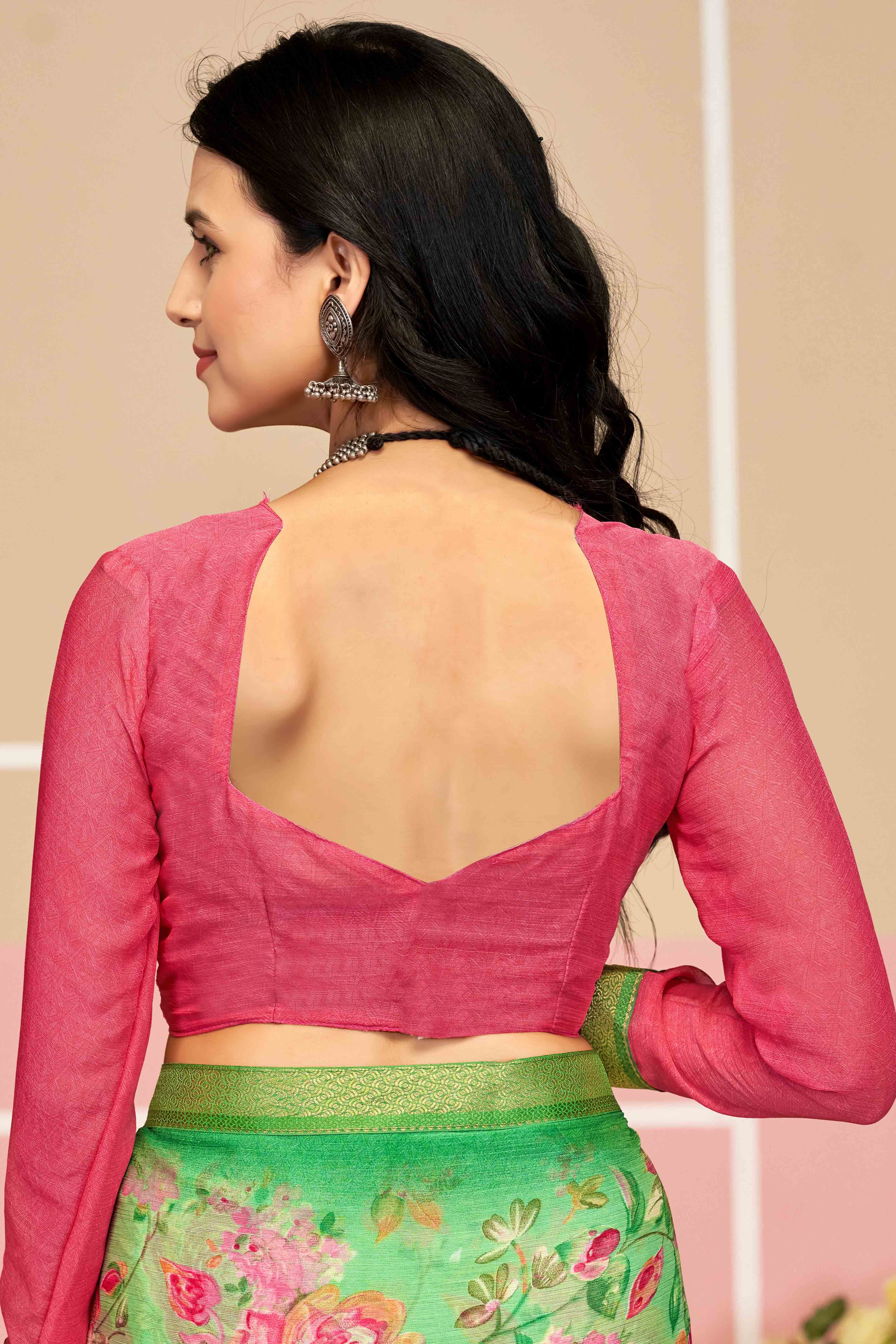 Stunning Floral Printed Chiffon Saree In Green with Delicate Woven Lace Border