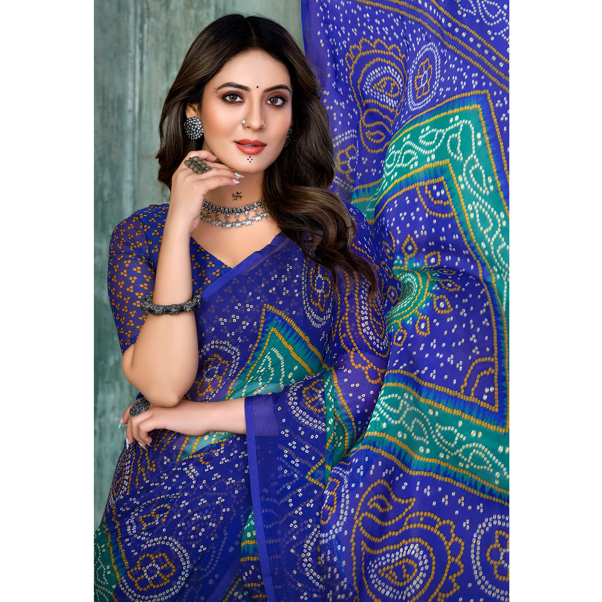 Blue & Teal Bandhani Printed Chiffon Saree