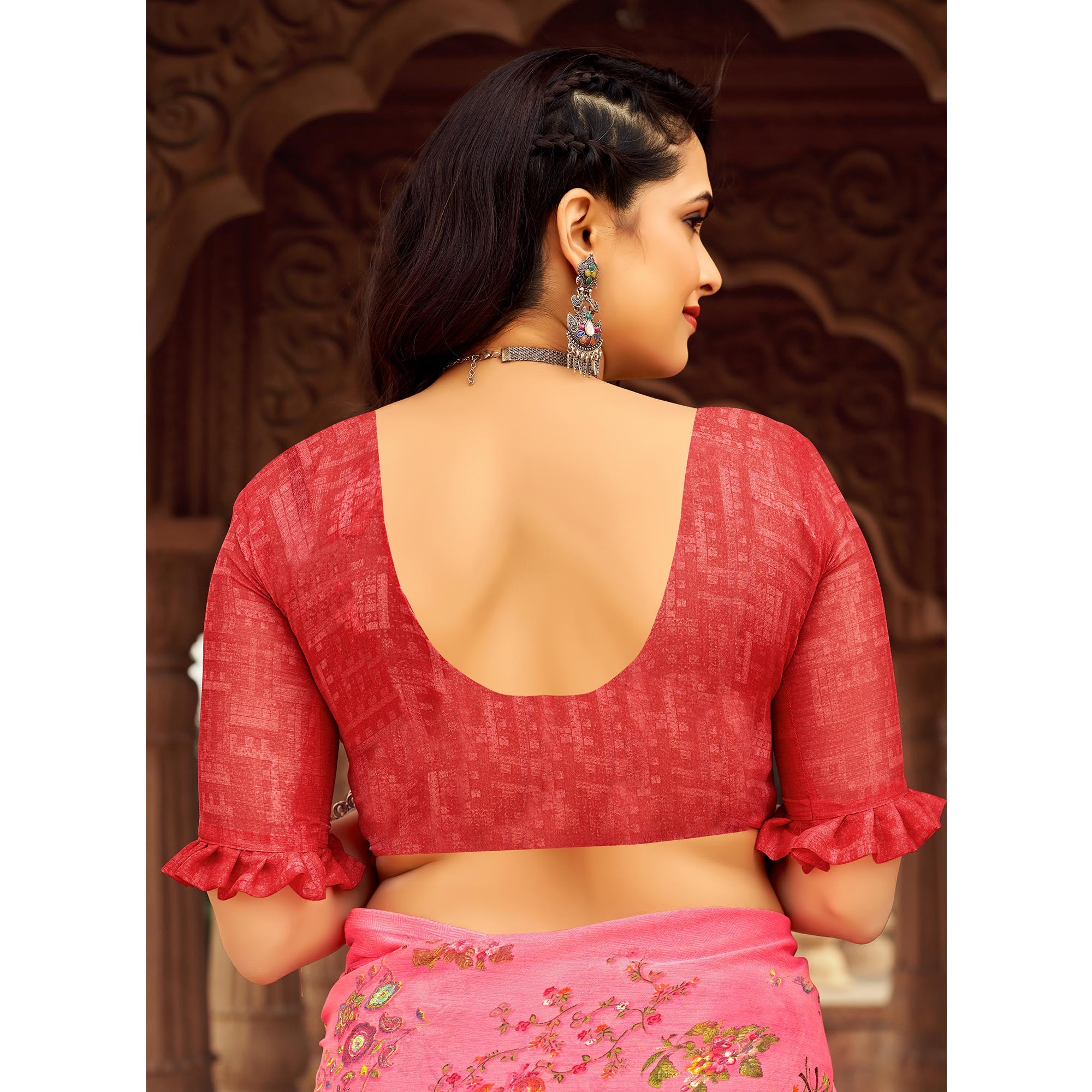 Pink Floral Printed Chiffon Saree