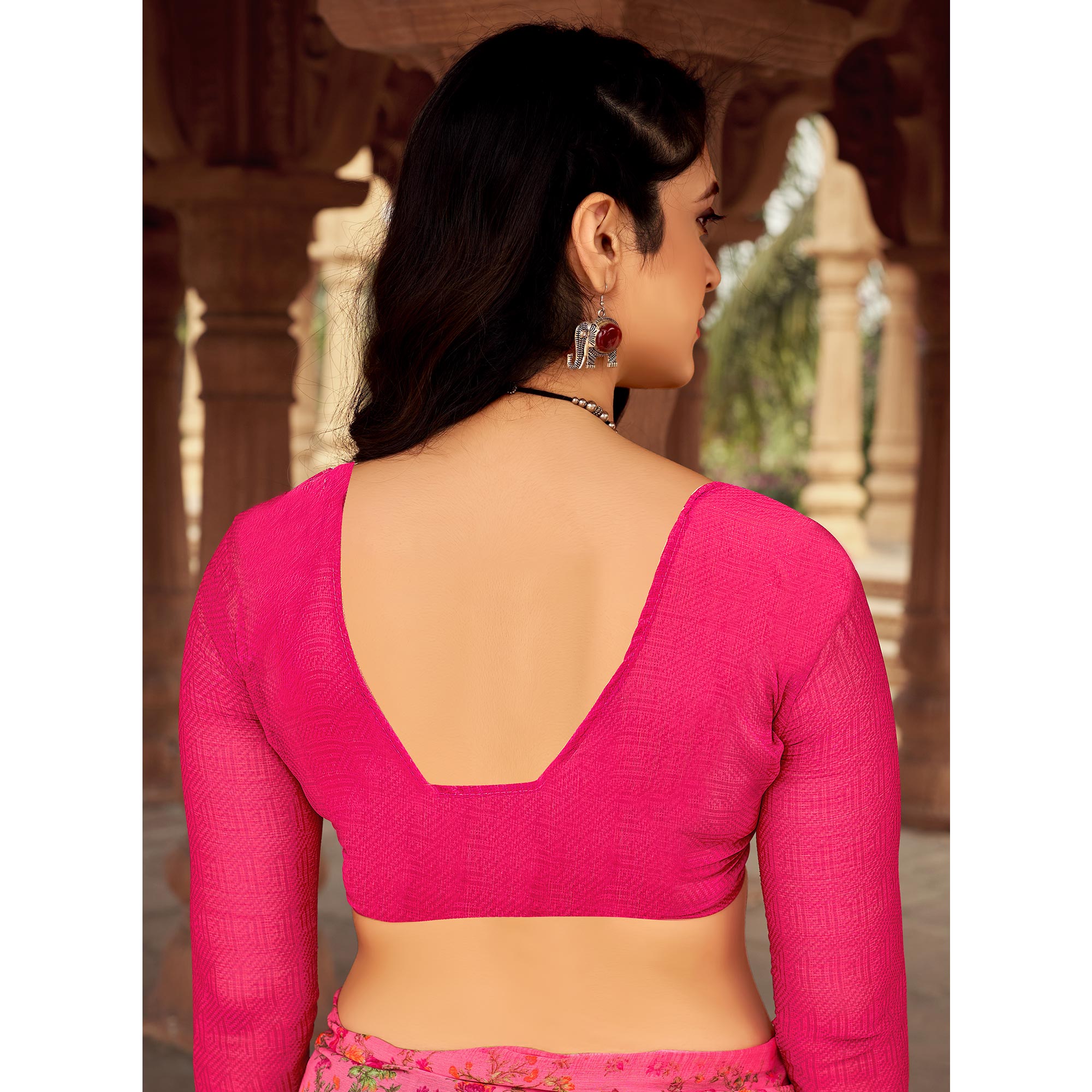 Pink Floral Printed Chiffon Saree