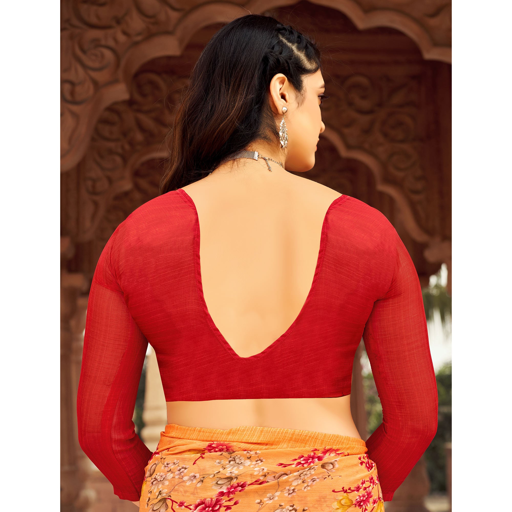 Orange Floral Printed Chiffon Saree