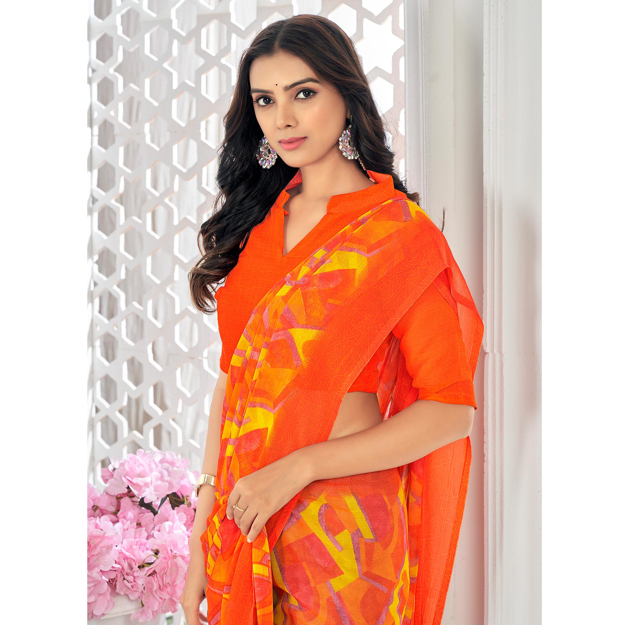 Orange Printed Chiffon Saree