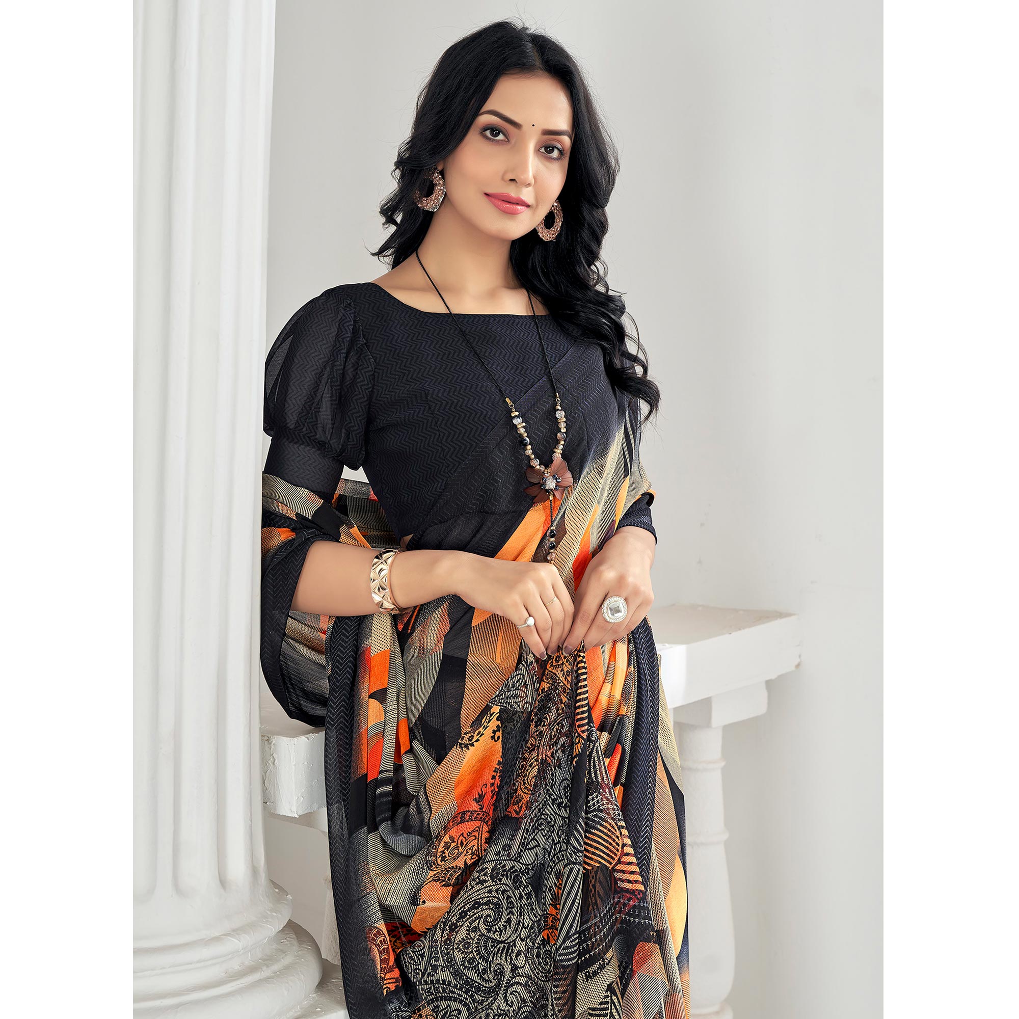 Black & Orange Printed Chiffon Saree