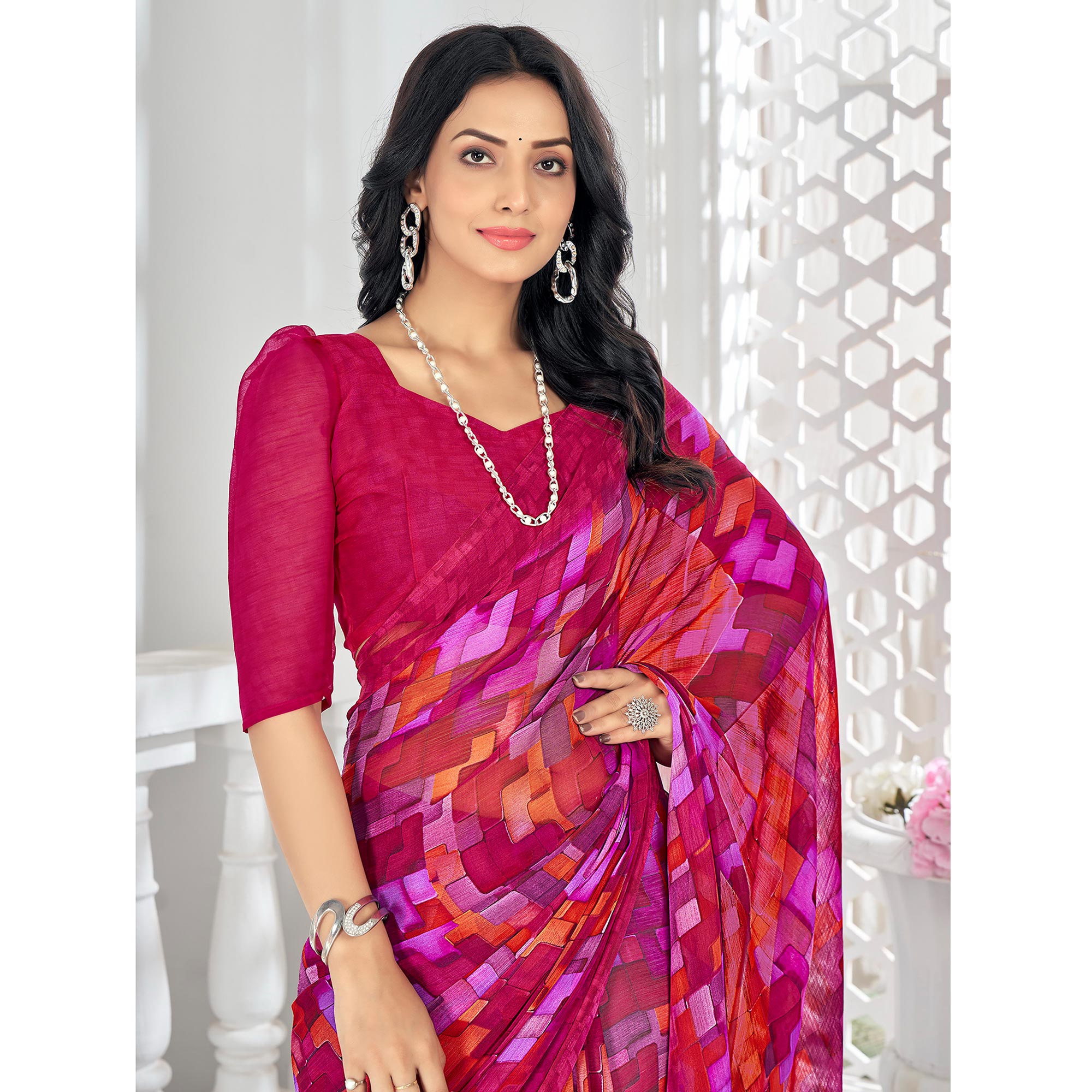 Rani pink Printed Chiffon Saree