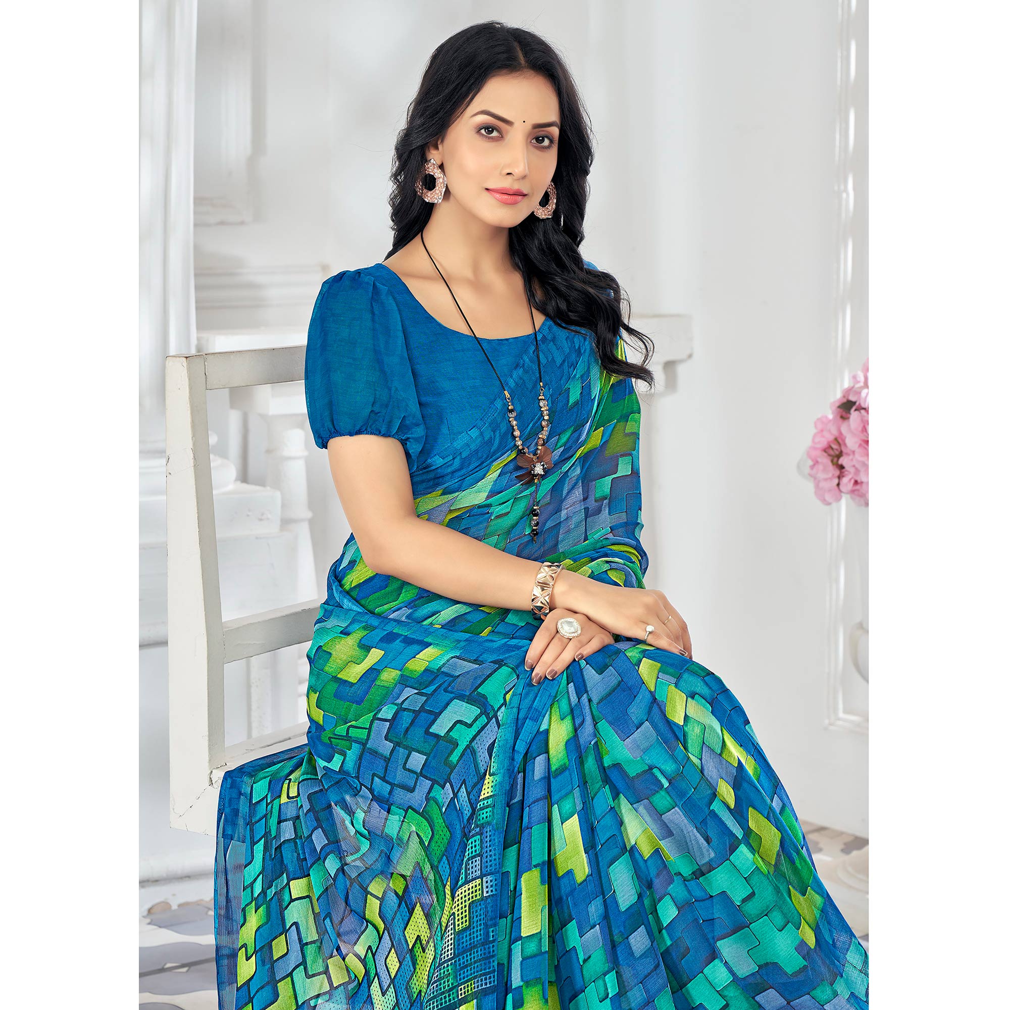 Blue Printed Chiffon Saree