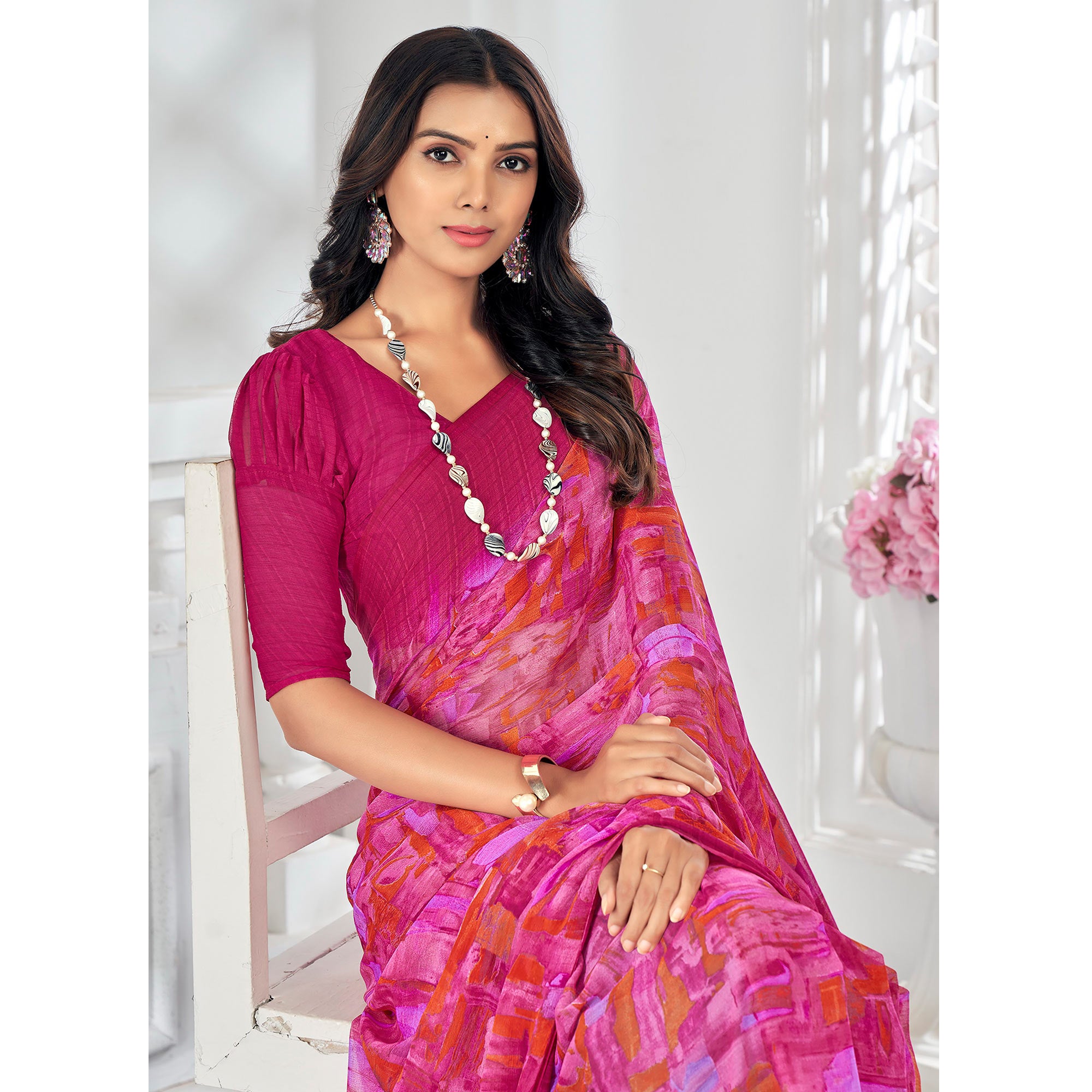 Pink Printed Chiffon Saree