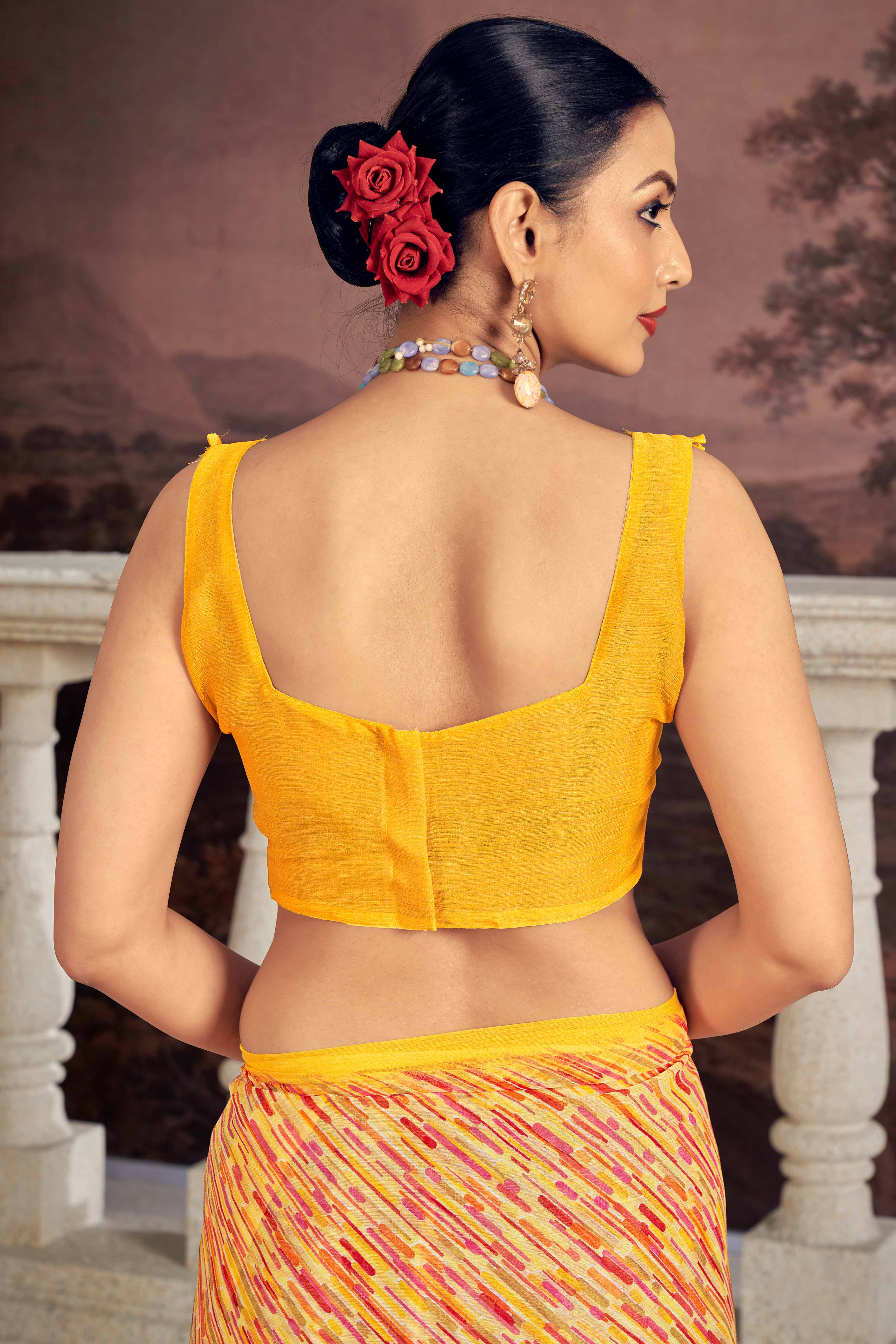 Elegant Mustard Chiffon Saree With Stylish Print