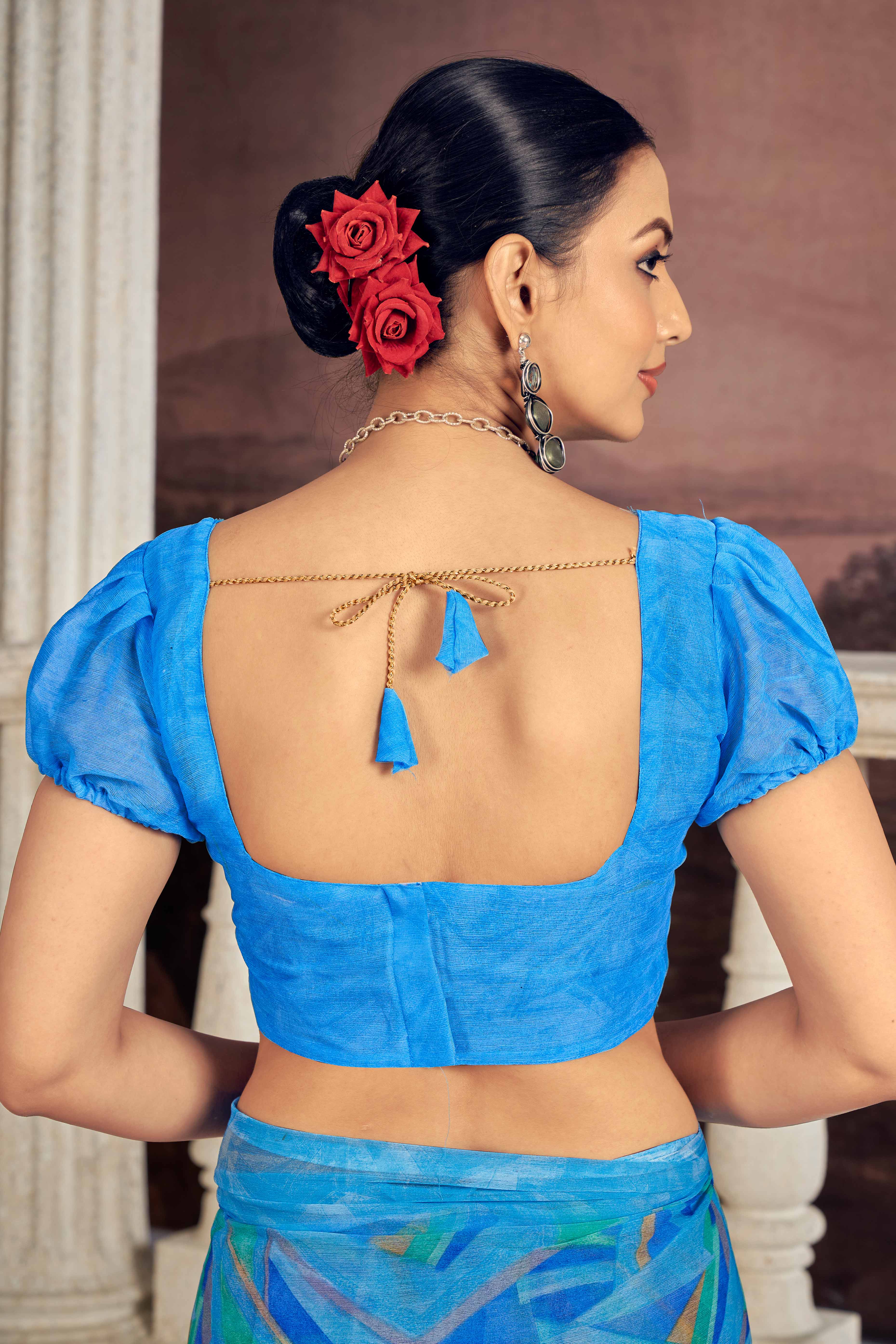 Vibrant Blue Chiffon Saree With Modern Geometric Print