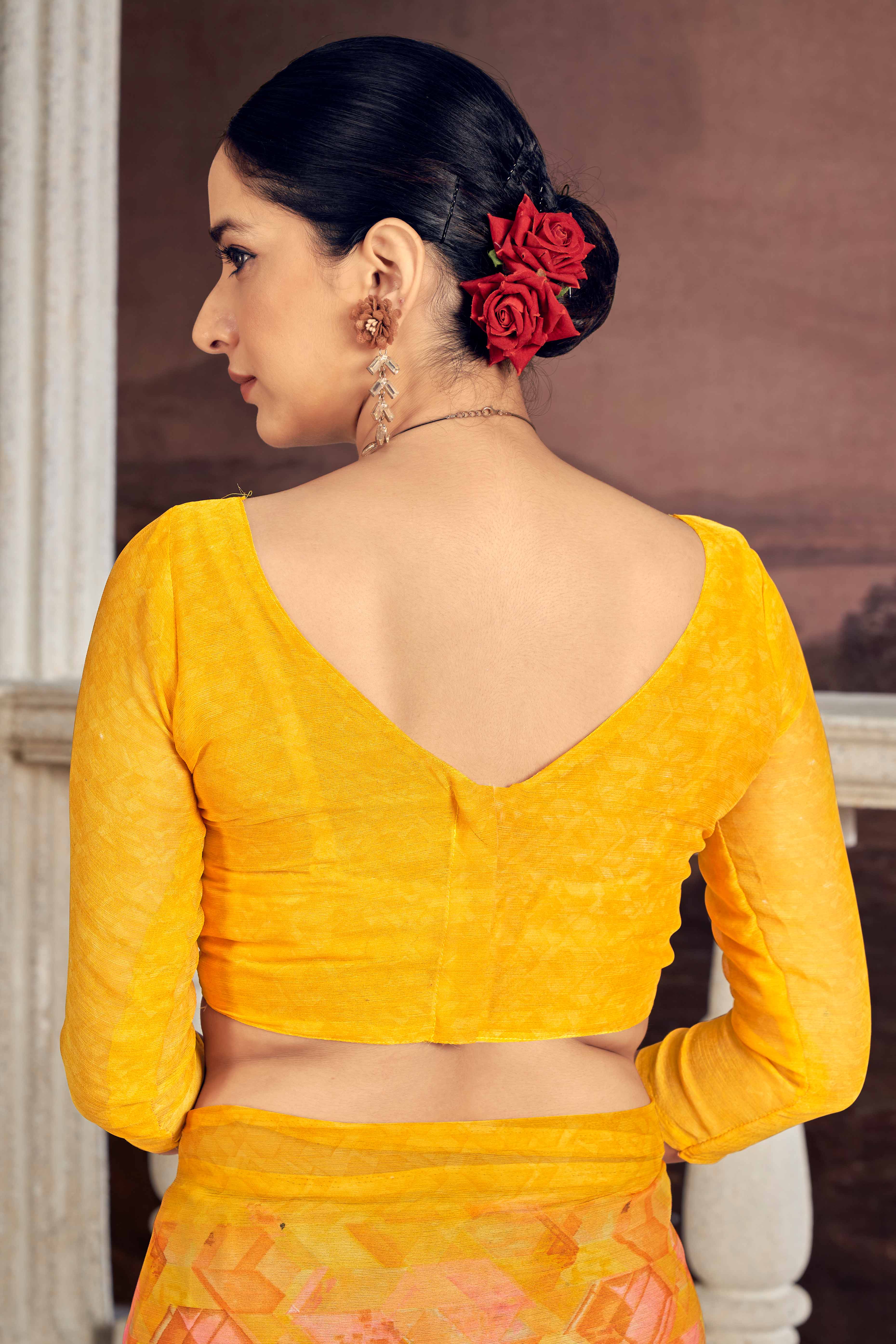Elegant Mustard Chiffon Saree With Modern Geometric Print