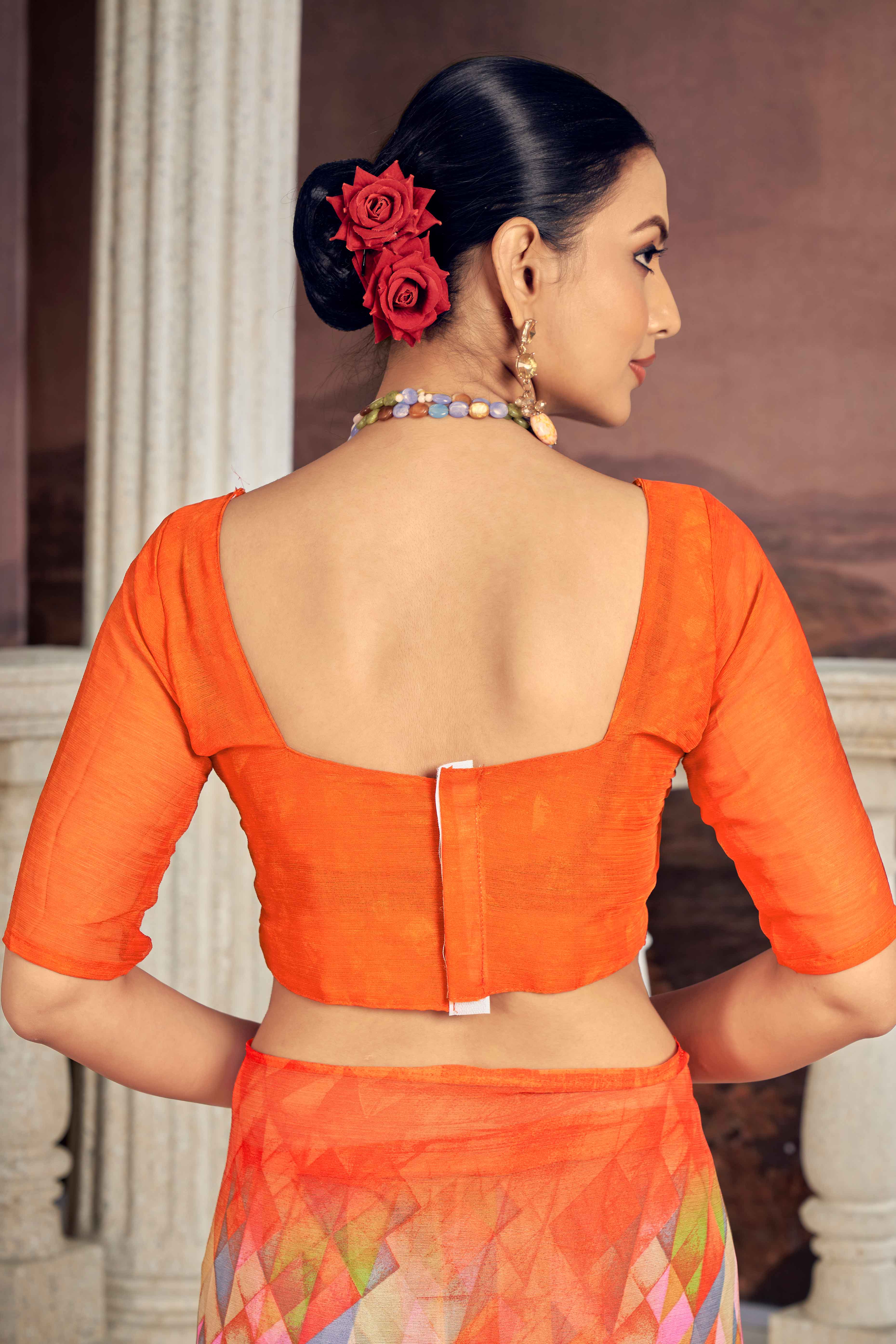 Vibrant Orange Chiffon Saree With Stylish Geometric Print