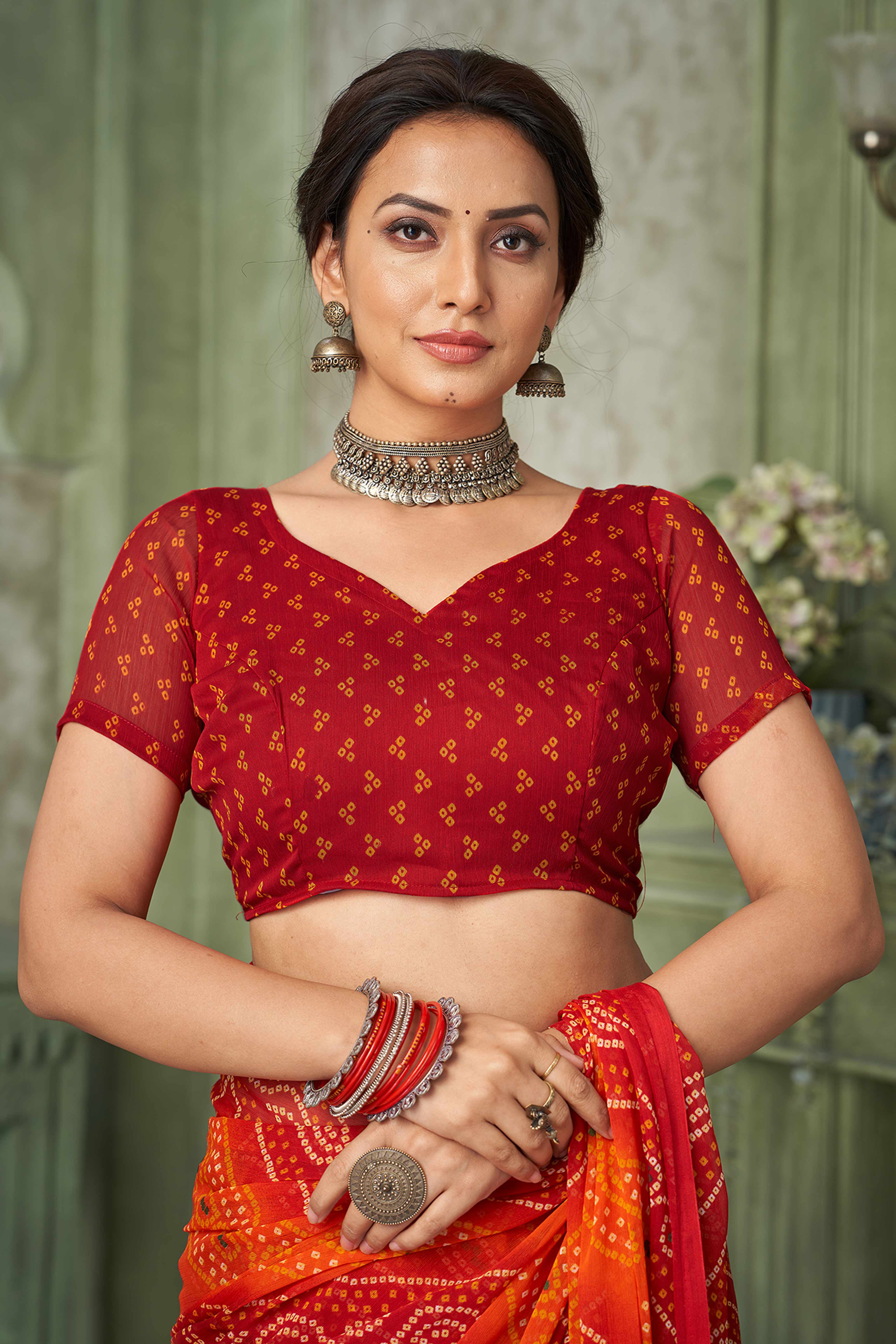 Maroon Chiffon Saree Adorned With Traditional Bandhani Print