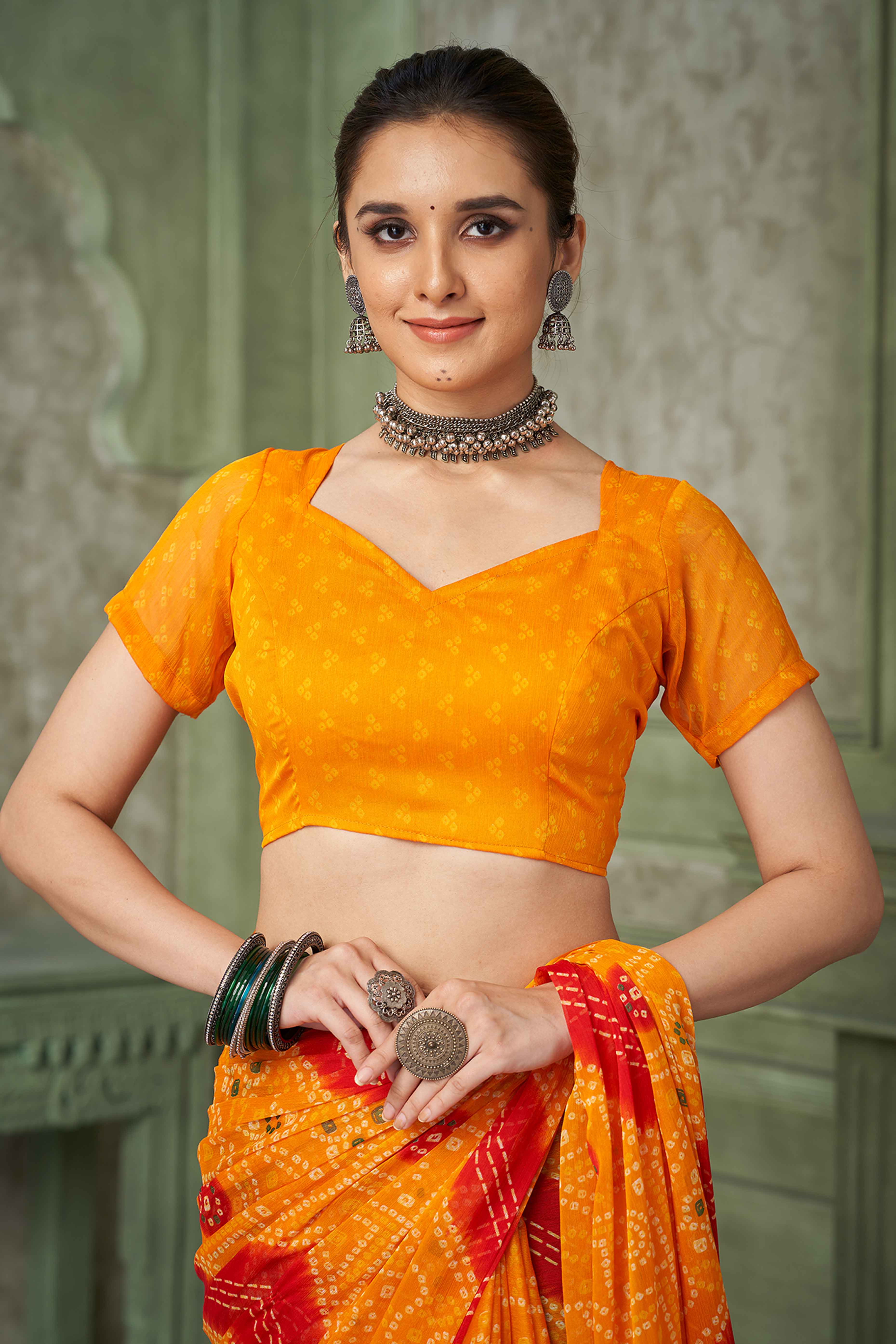 Mustard Chiffon Saree Adorned With Traditional Bandhani Print