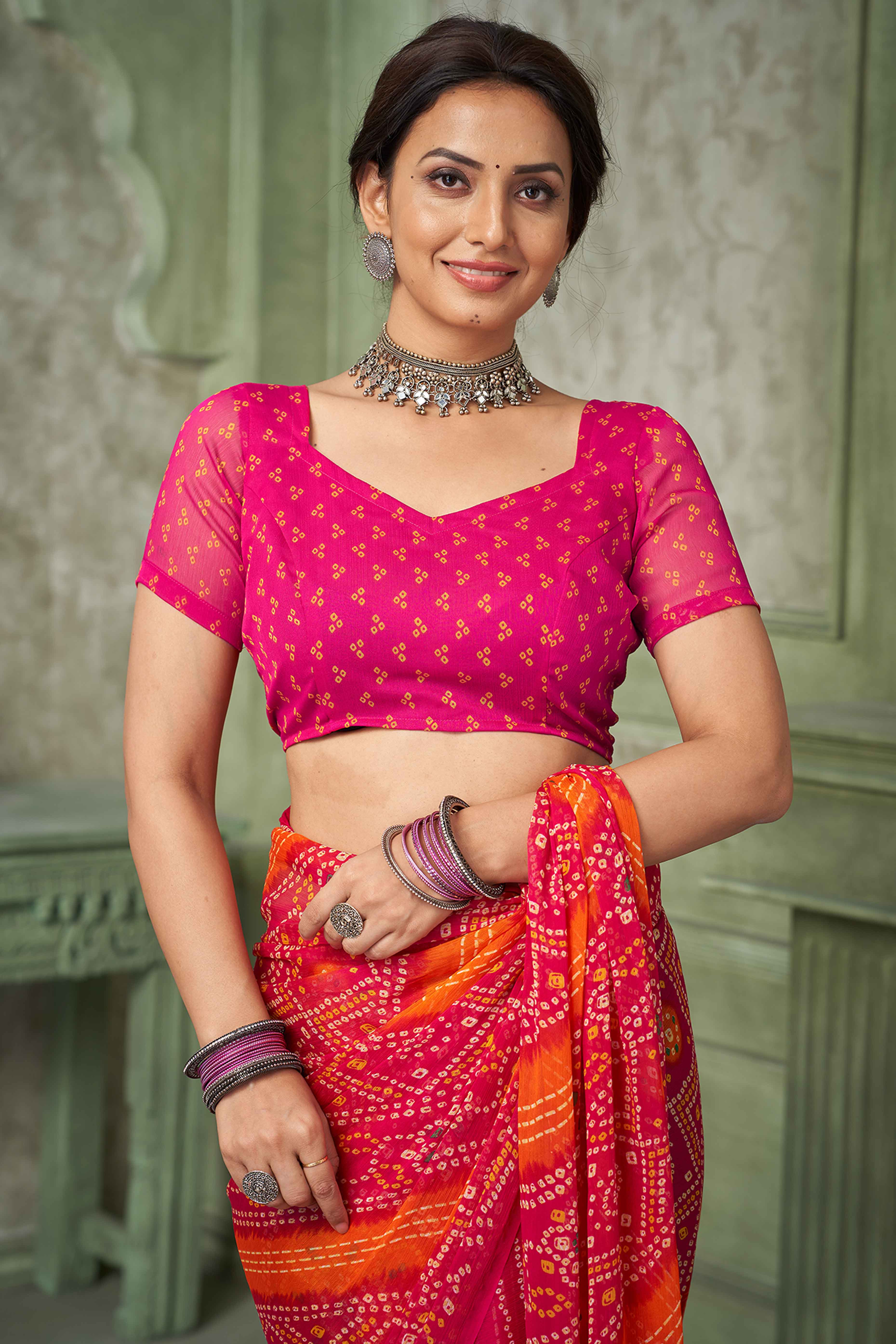 Magenta Chiffon Saree Adorned With Traditional Bandhani Print