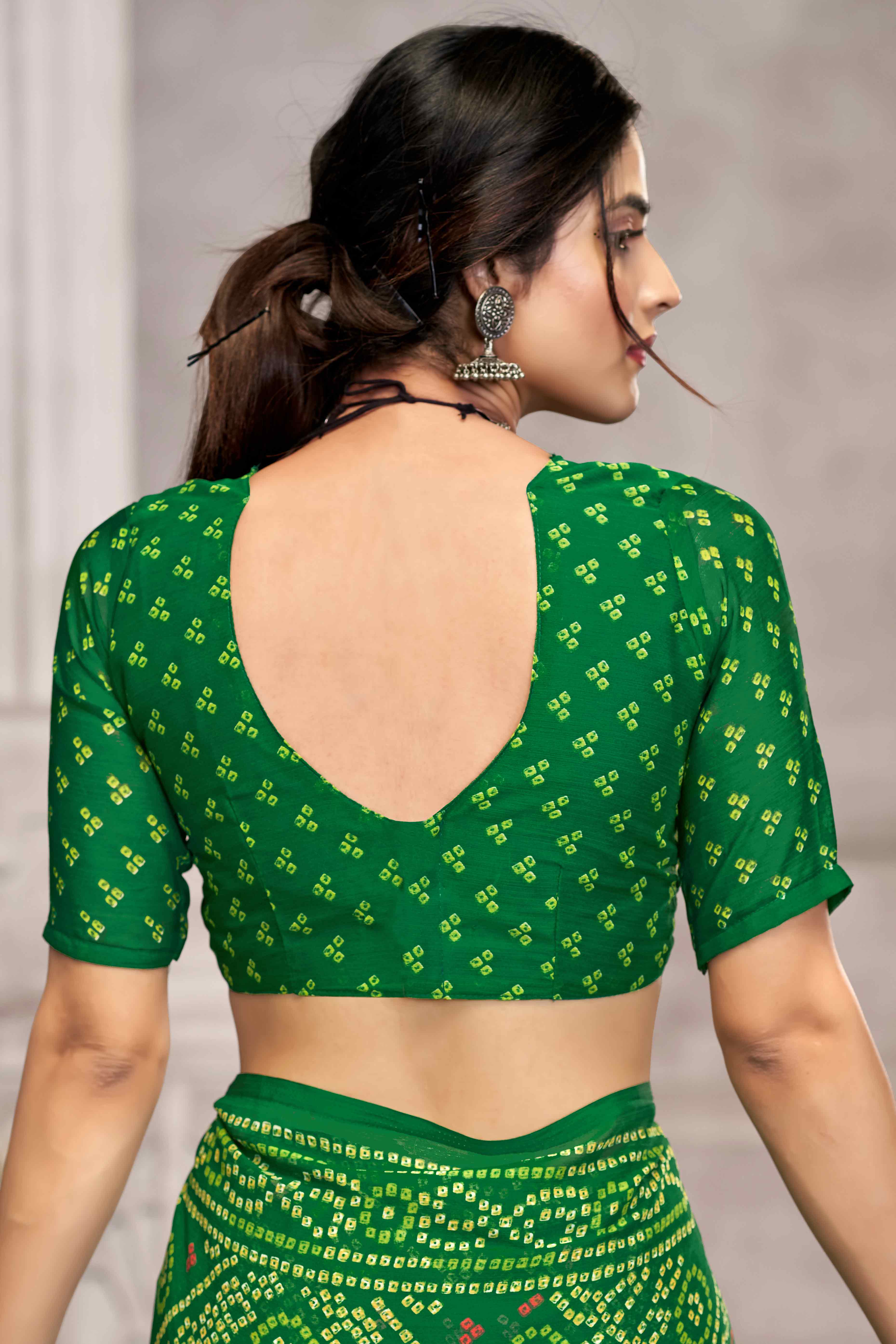 Green Chiffon Saree Features Bandhani Print for Casual Occasion