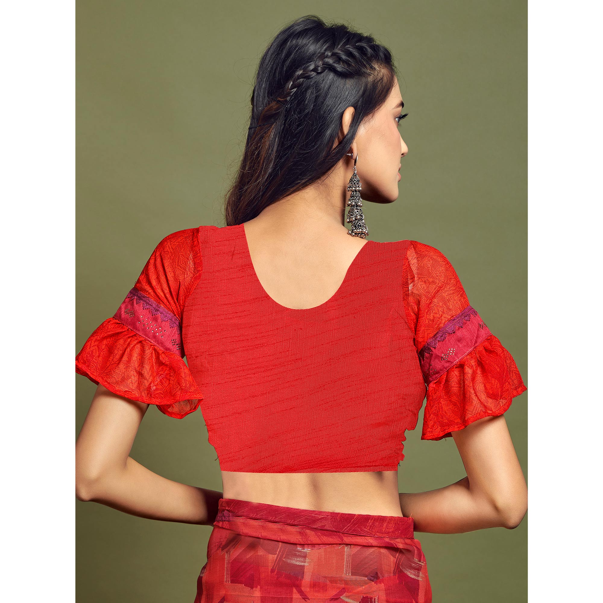 Red Geometric Printed Chiffon Saree