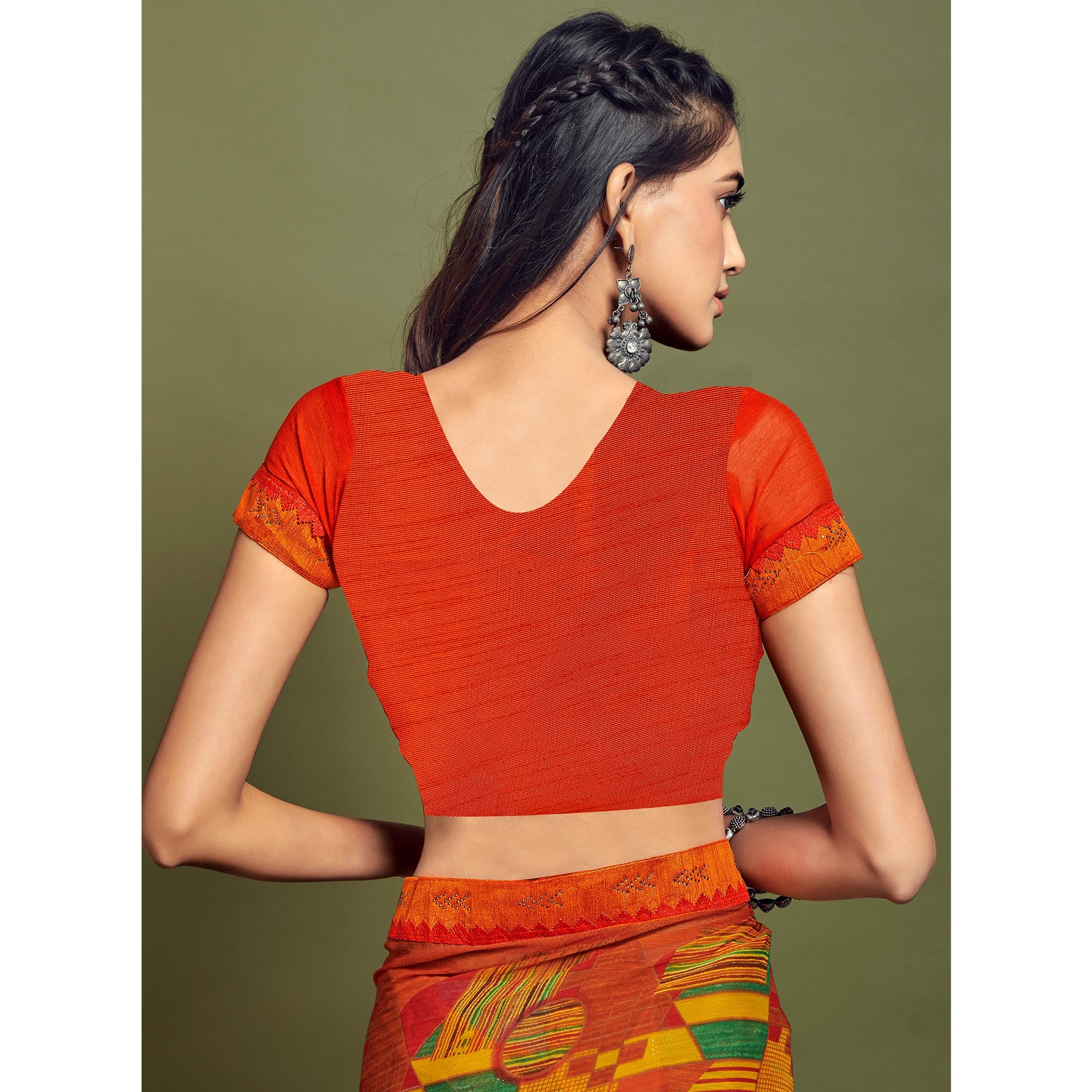 Orange Geometric Printed Chiffon Saree
