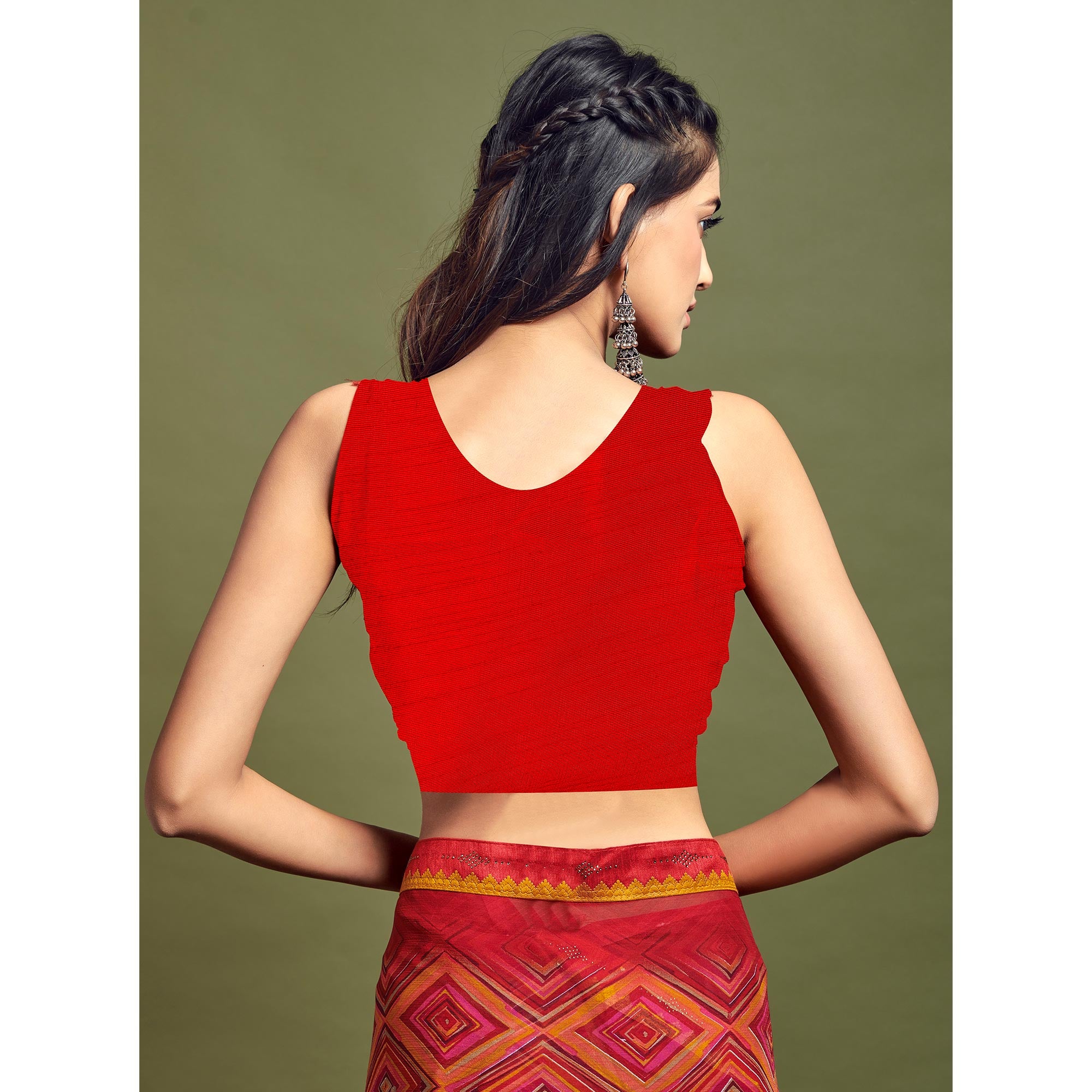 Red Geometric Printed Chiffon Saree