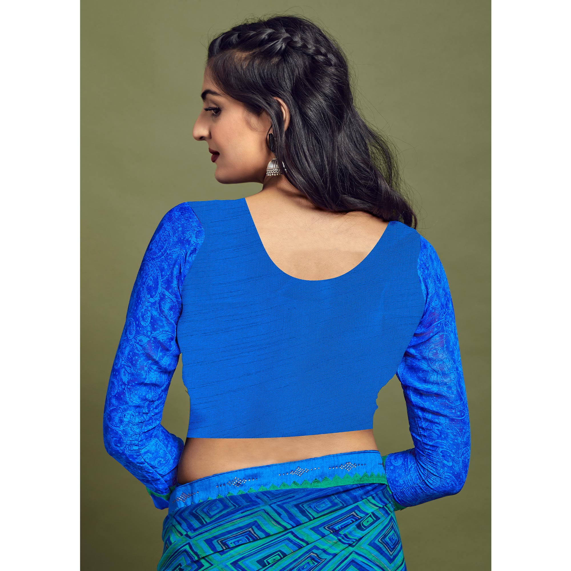Blue Geometric Printed Chiffon Saree