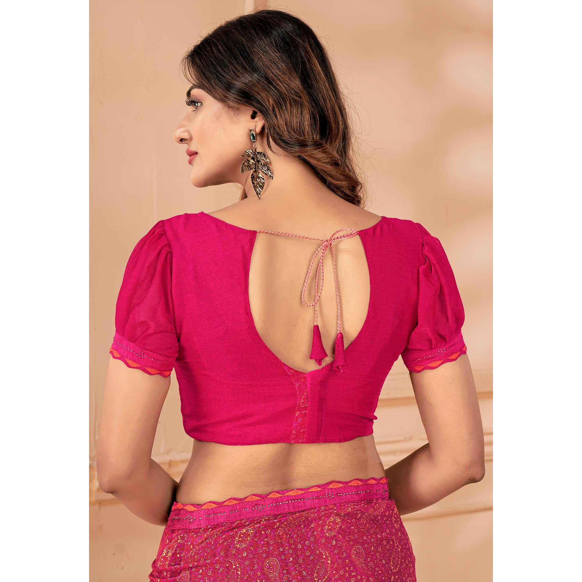 Pink Printed Chiffon Saree With Lace Border