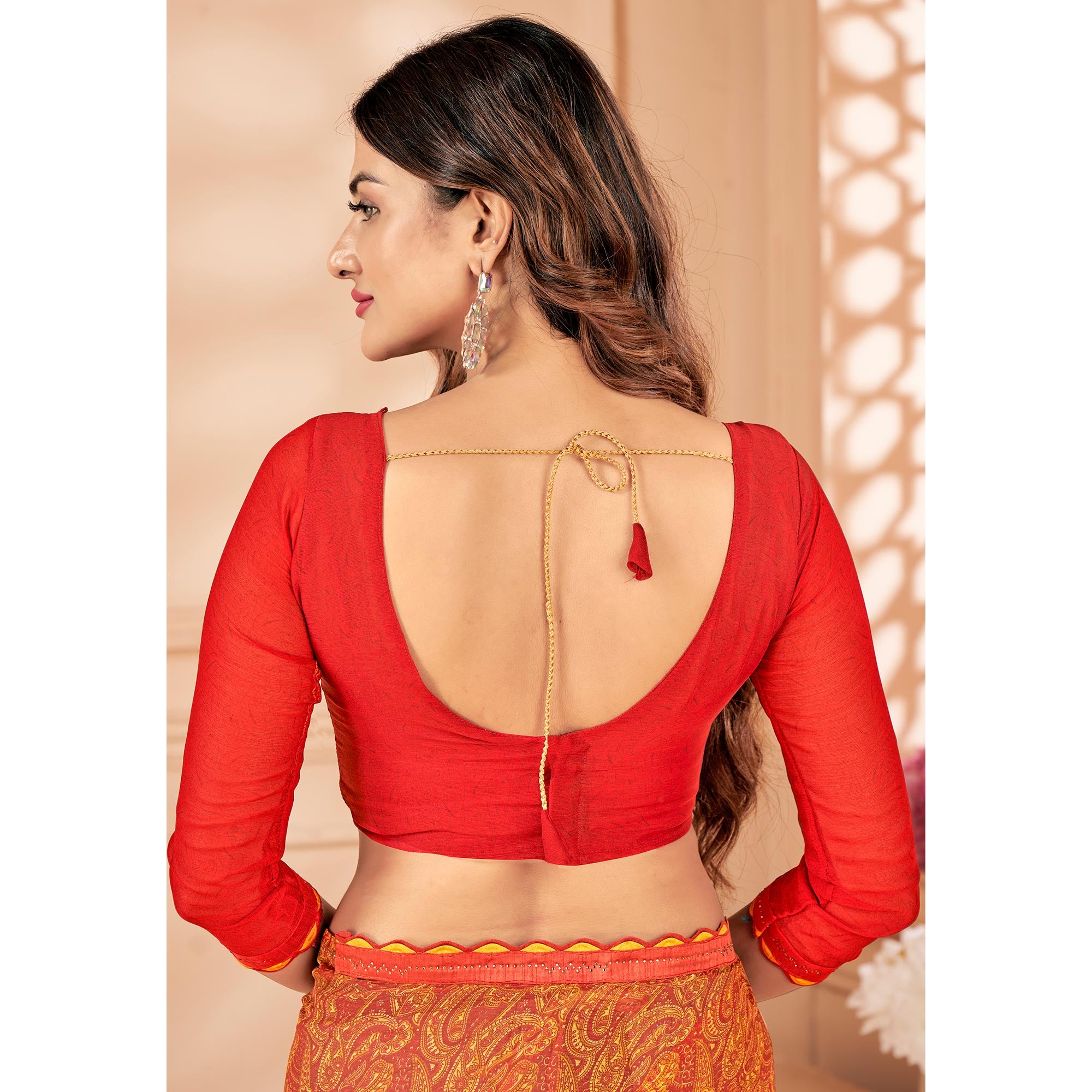 Orange Printed Chiffon Saree With Lace Border