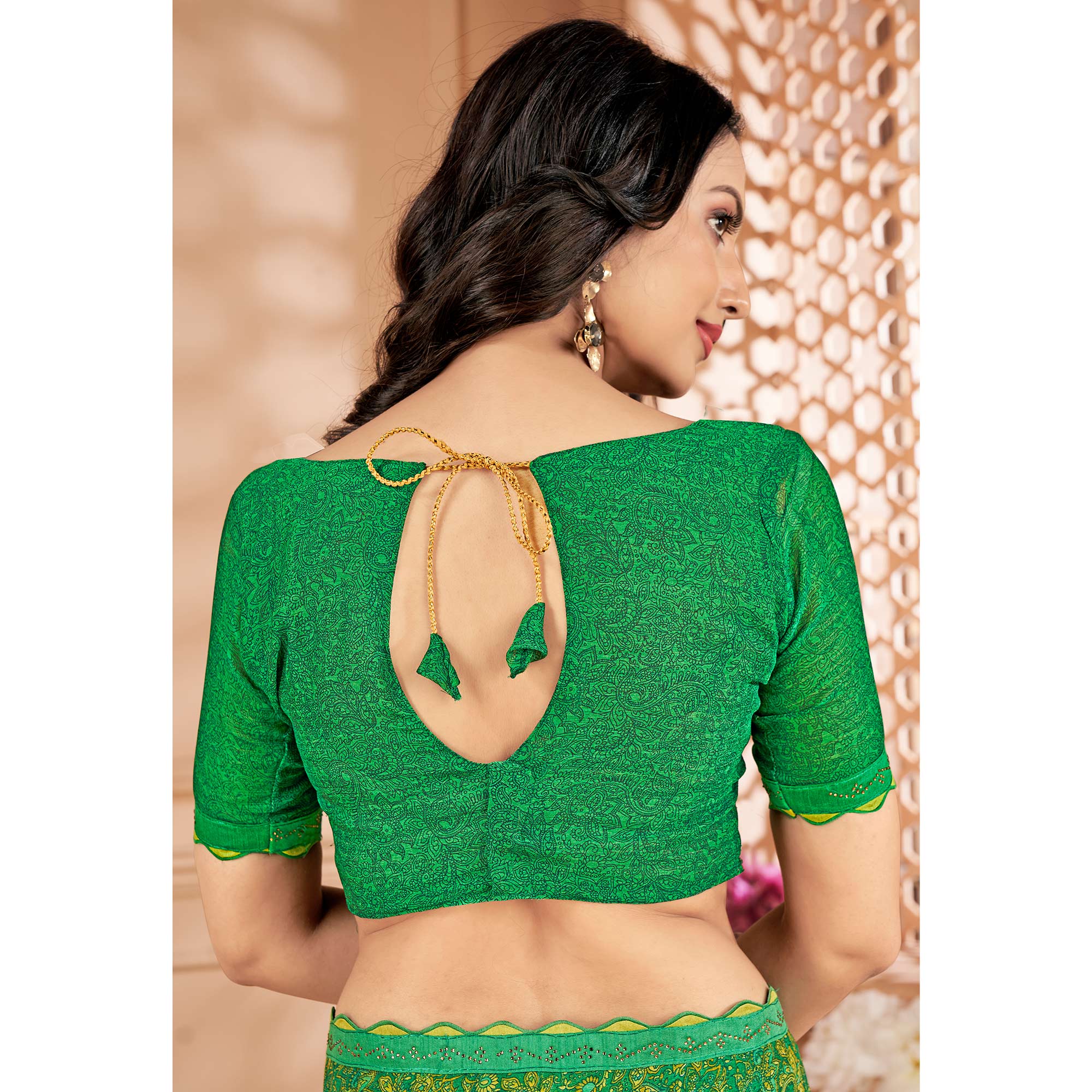 Green Printed Chiffon Saree With Lace Border