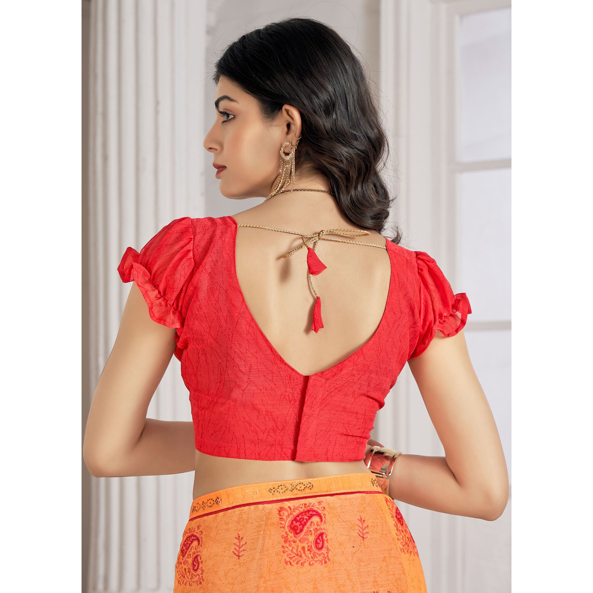 Orange Printed With Swarovski Chiffon Saree