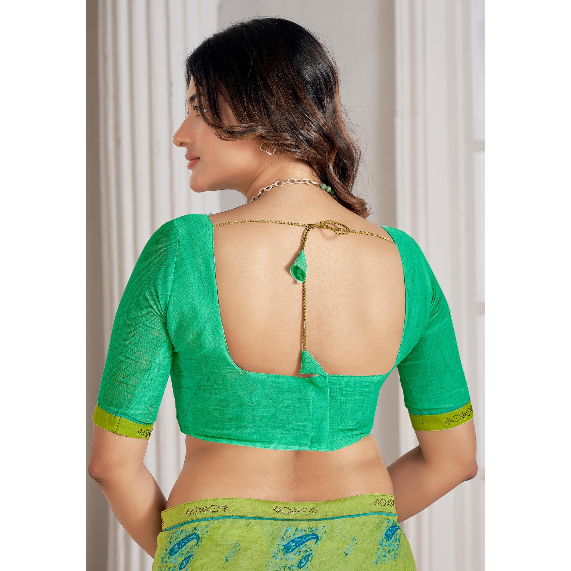 Green Printed With Swarovski Chiffon Saree