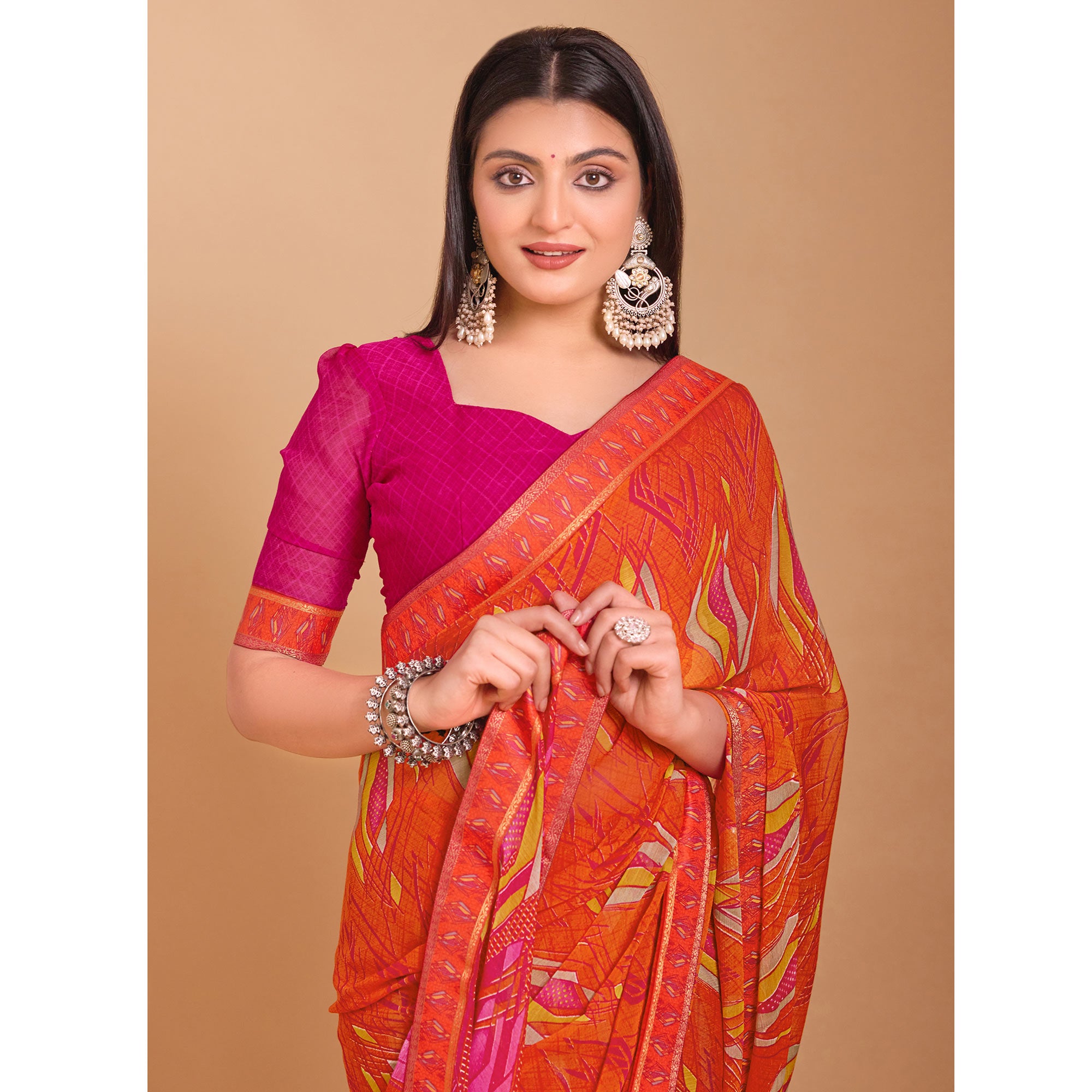 Orange Geometric Printed Chiffon Saree
