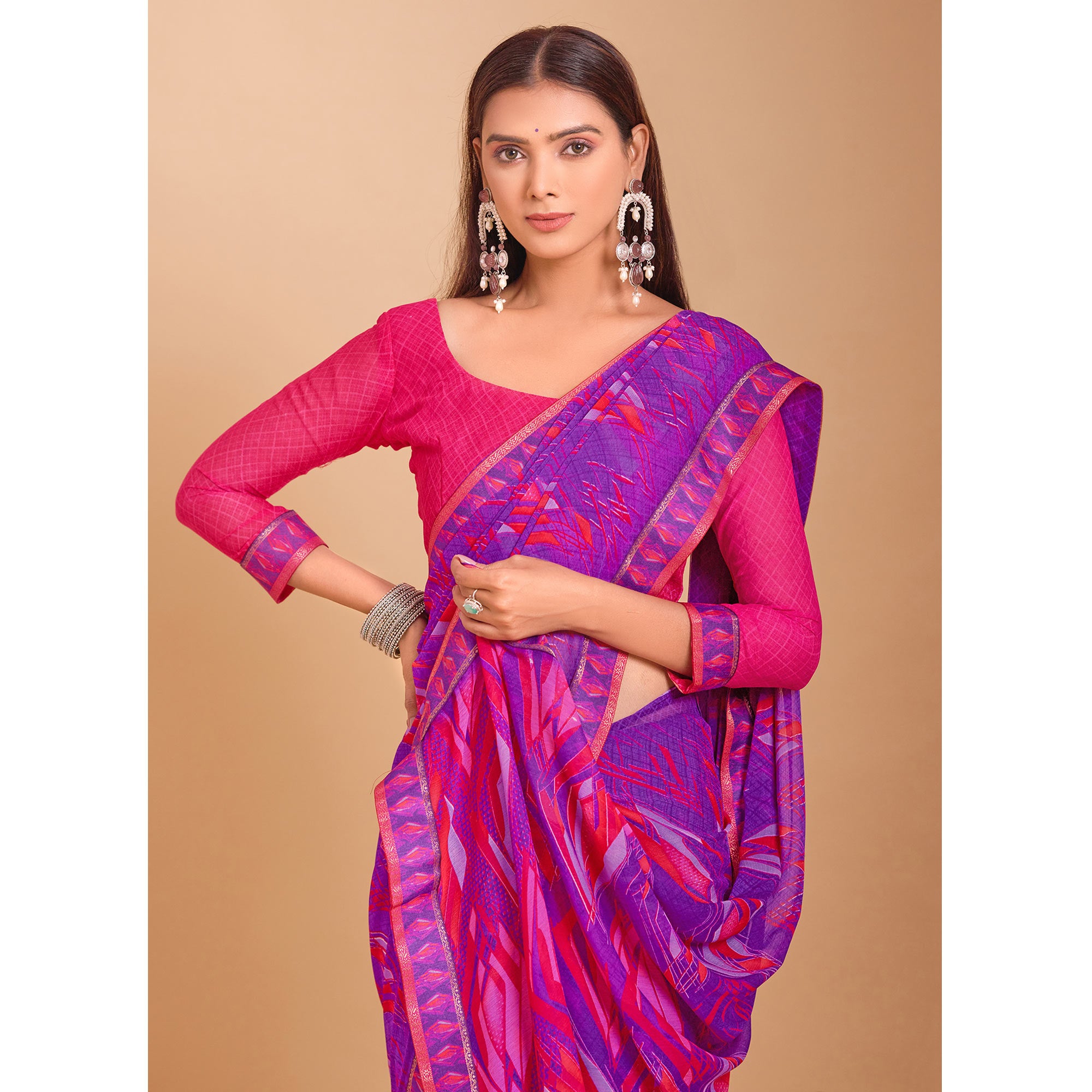 Purple Geometric Printed Chiffon Saree