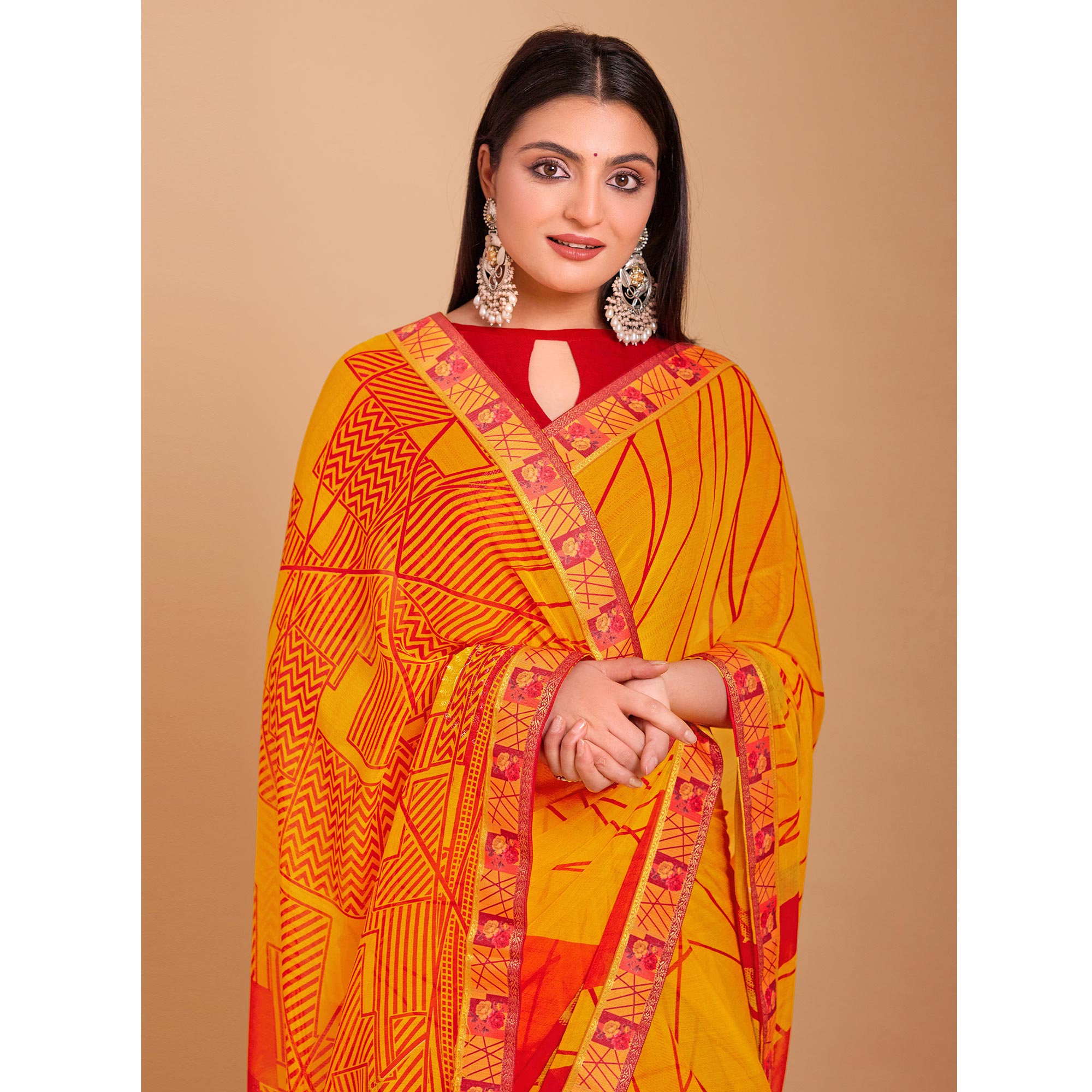 Mustard Geometric Printed Chiffon Saree