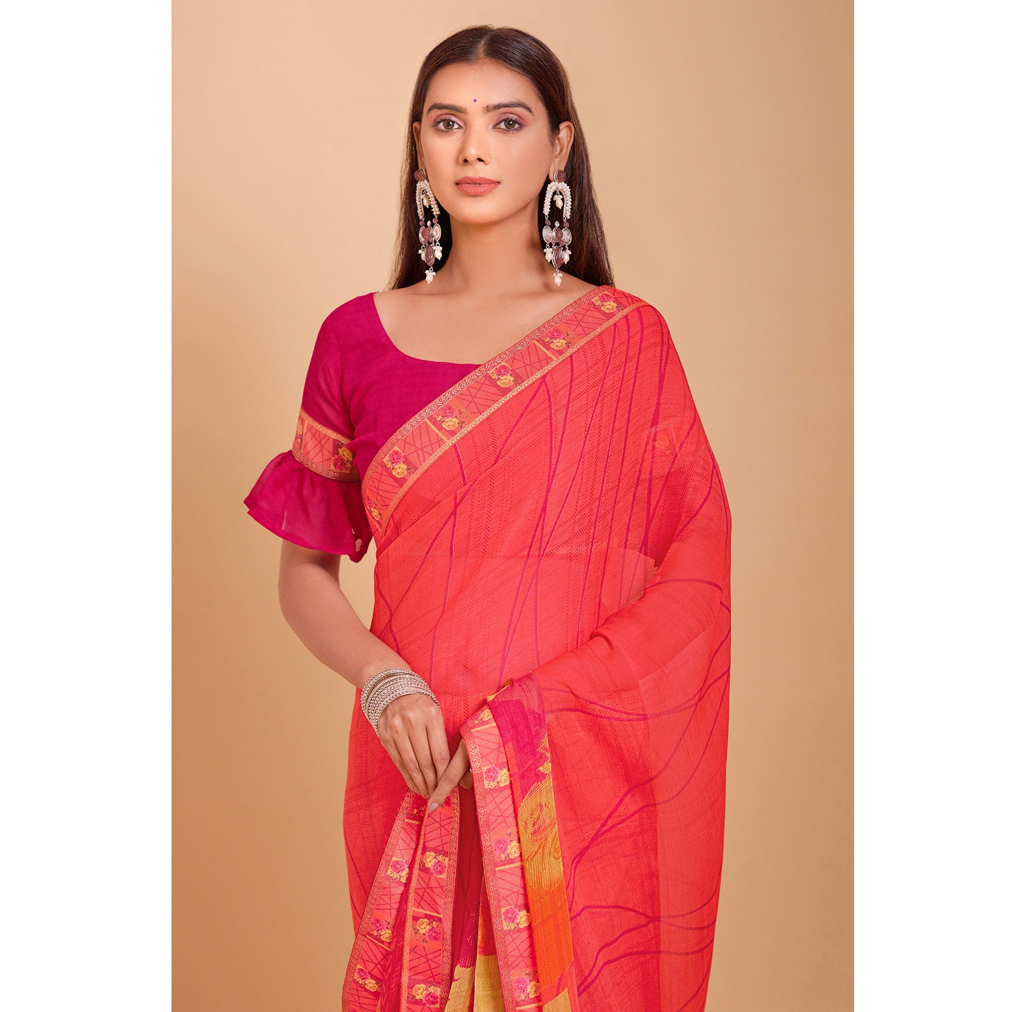 Peach Geometric Printed Chiffon Saree