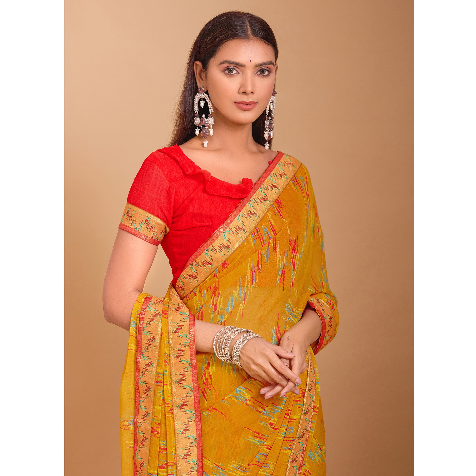 Mustard Ikkat Printed Chiffon Saree