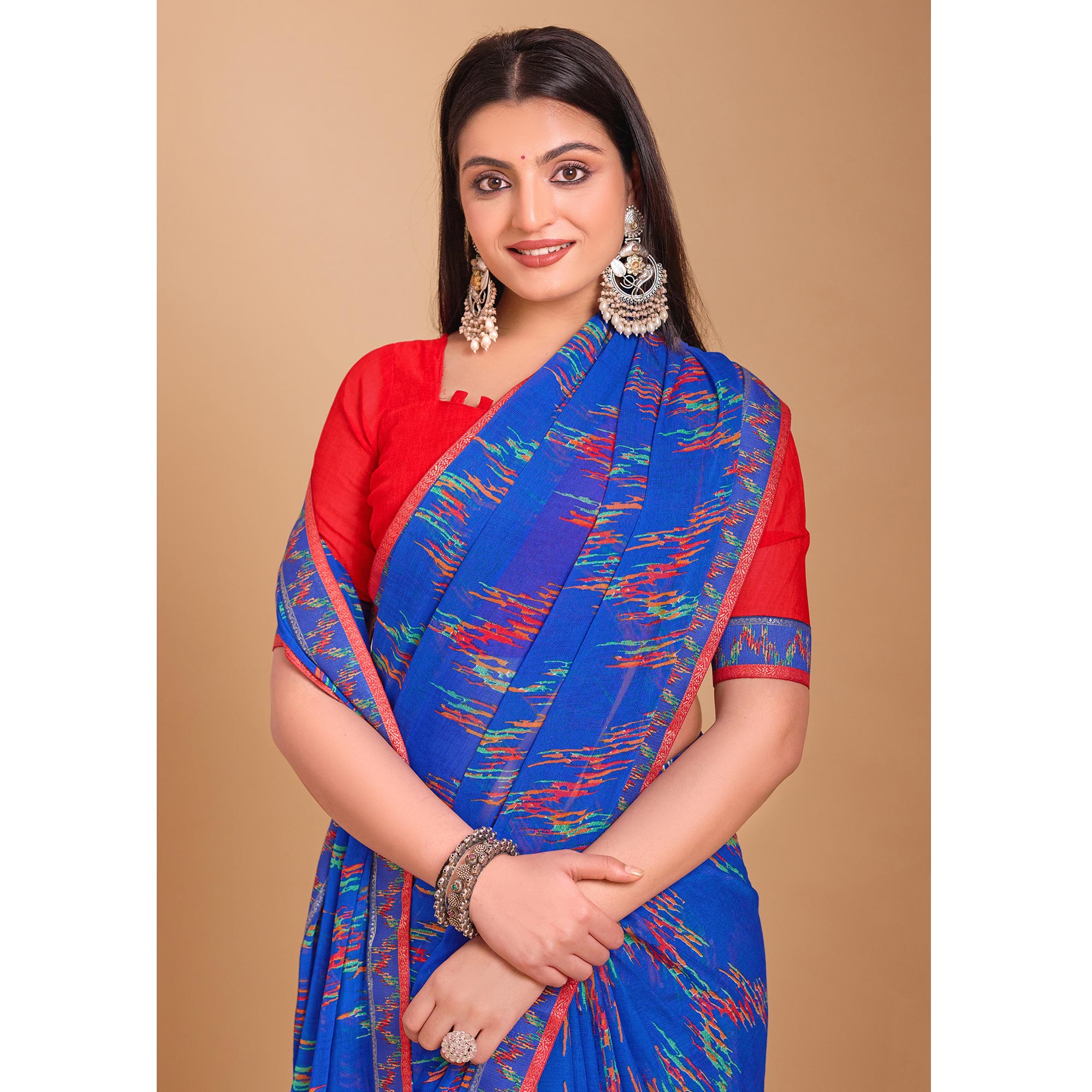 Blue Ikkat Printed Chiffon Saree
