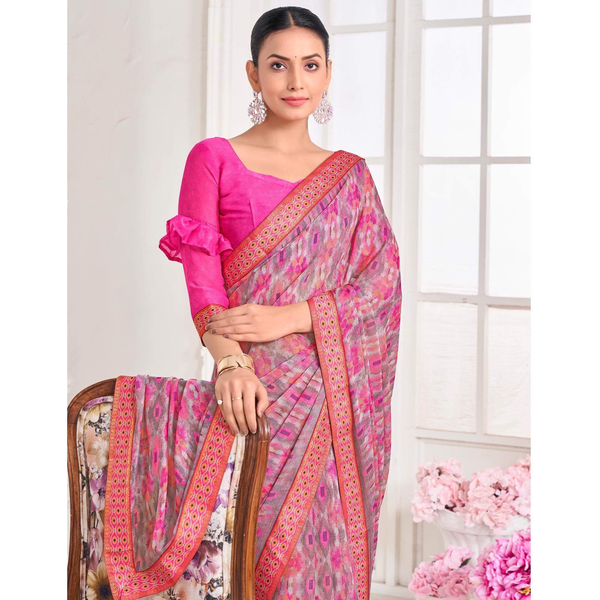 Pink Printed Chiffon Saree With Lace Border