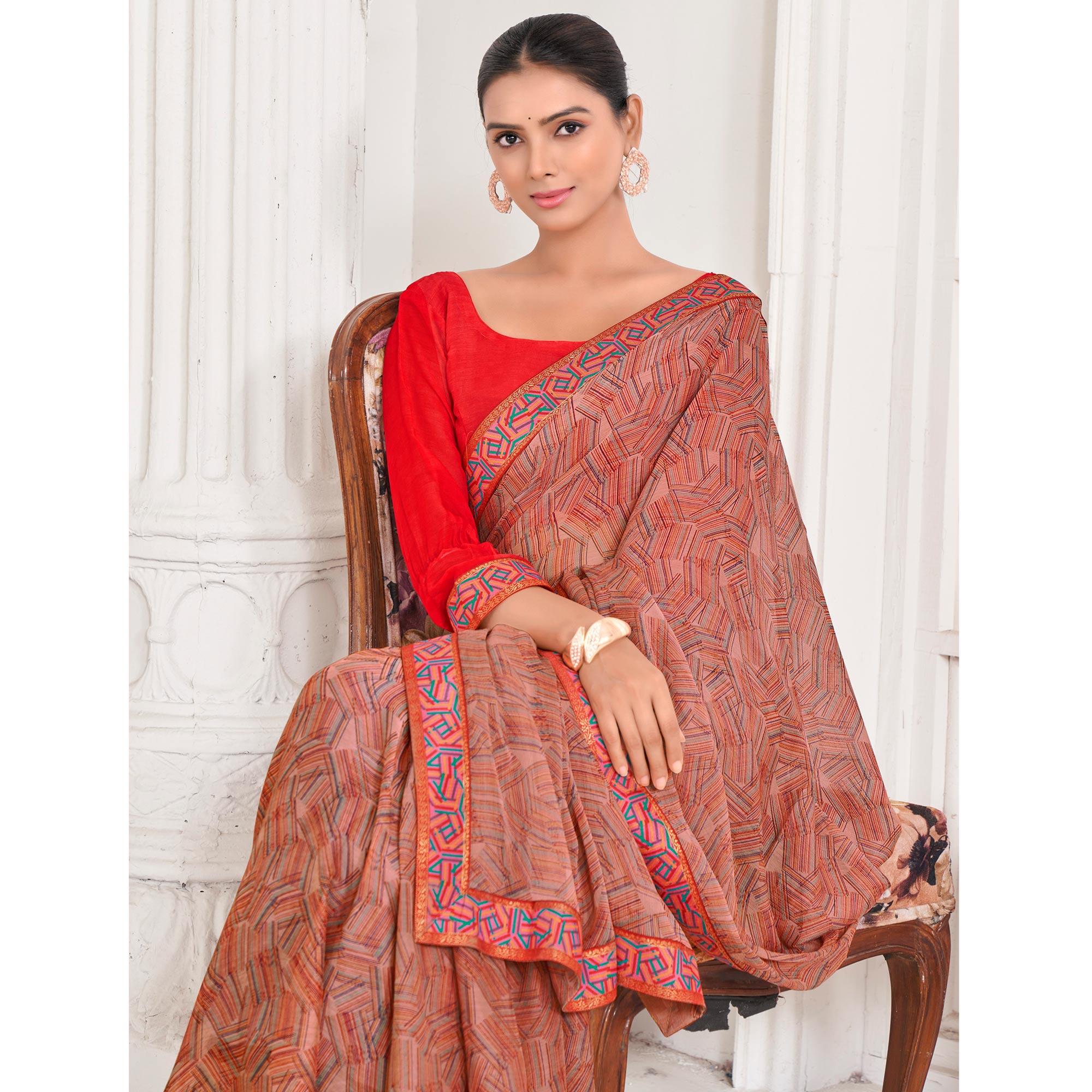 Brick Red Geometric Printed Chiffon Saree With Lace Border