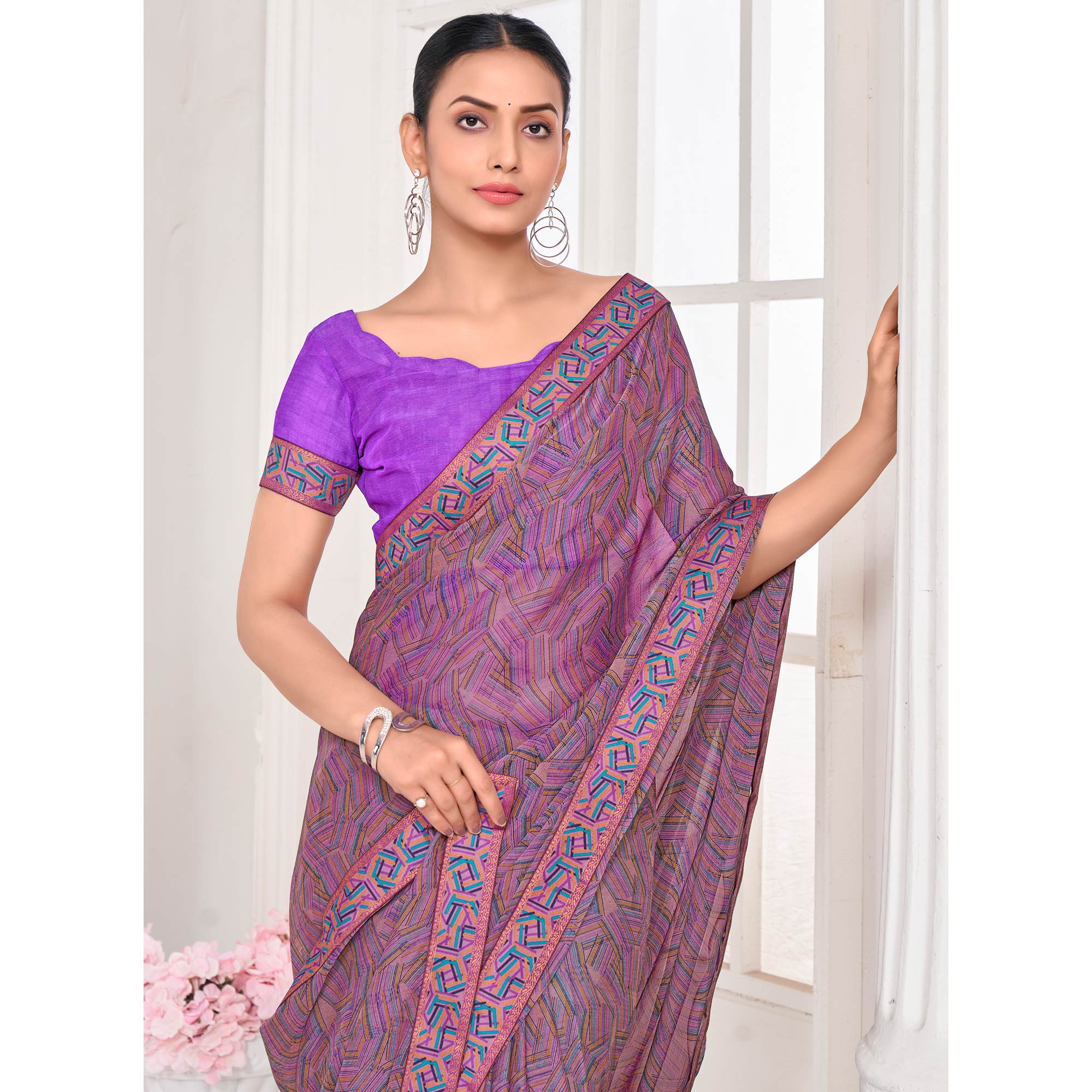 Purple Geometric Printed Chiffon Saree With Lace Border