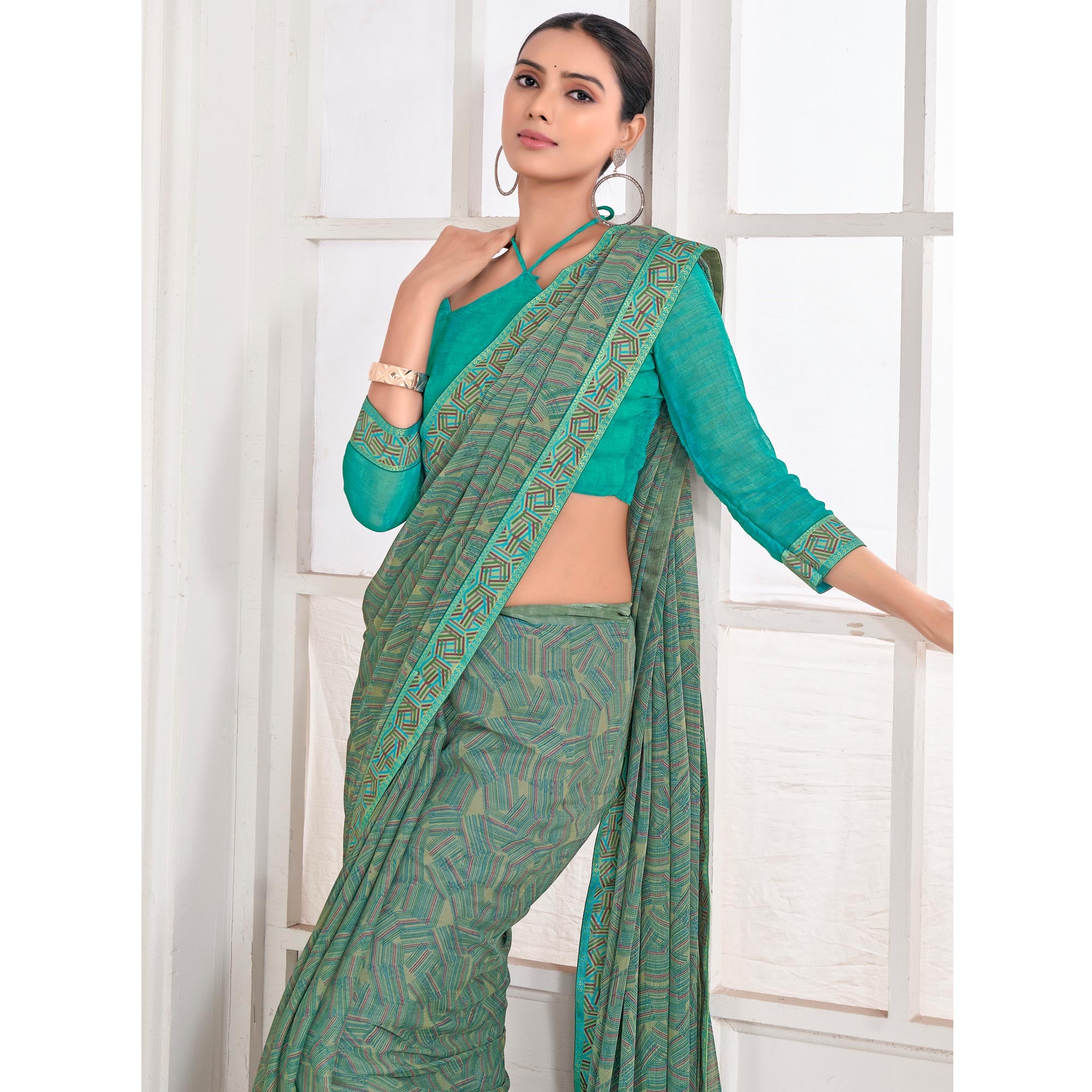 Green Geometric Printed Chiffon Saree With Lace Border