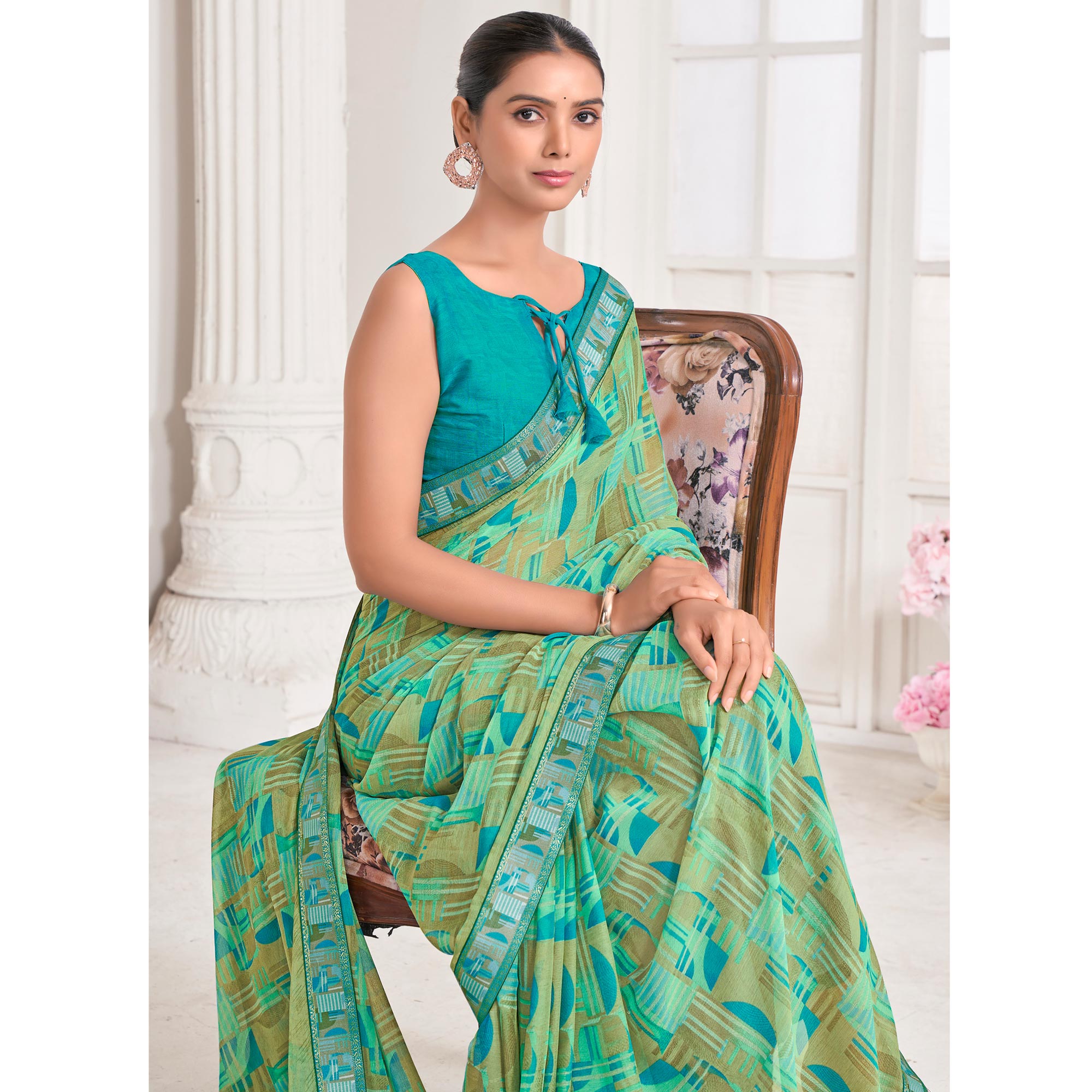 Green Geometric Printed Chiffon Saree With Lace Border