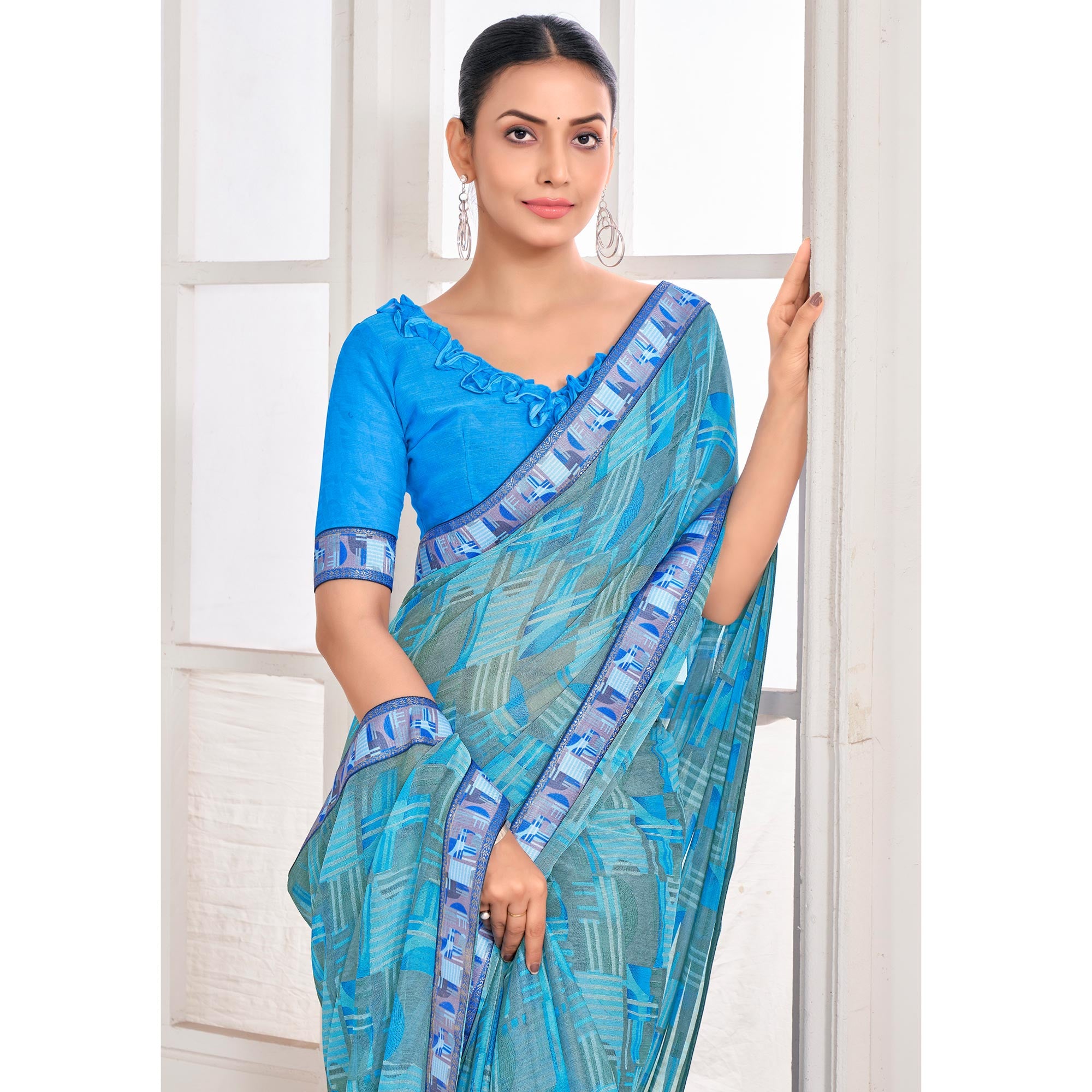 Sky Blue Geometric Printed Chiffon Saree With Lace Border