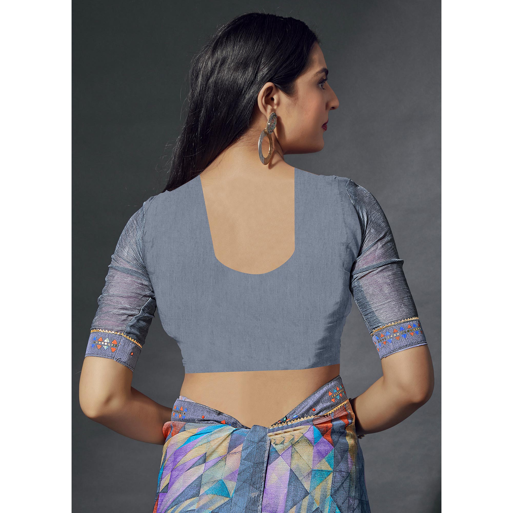 Grey Printed Chiffon Saree With Lace Border