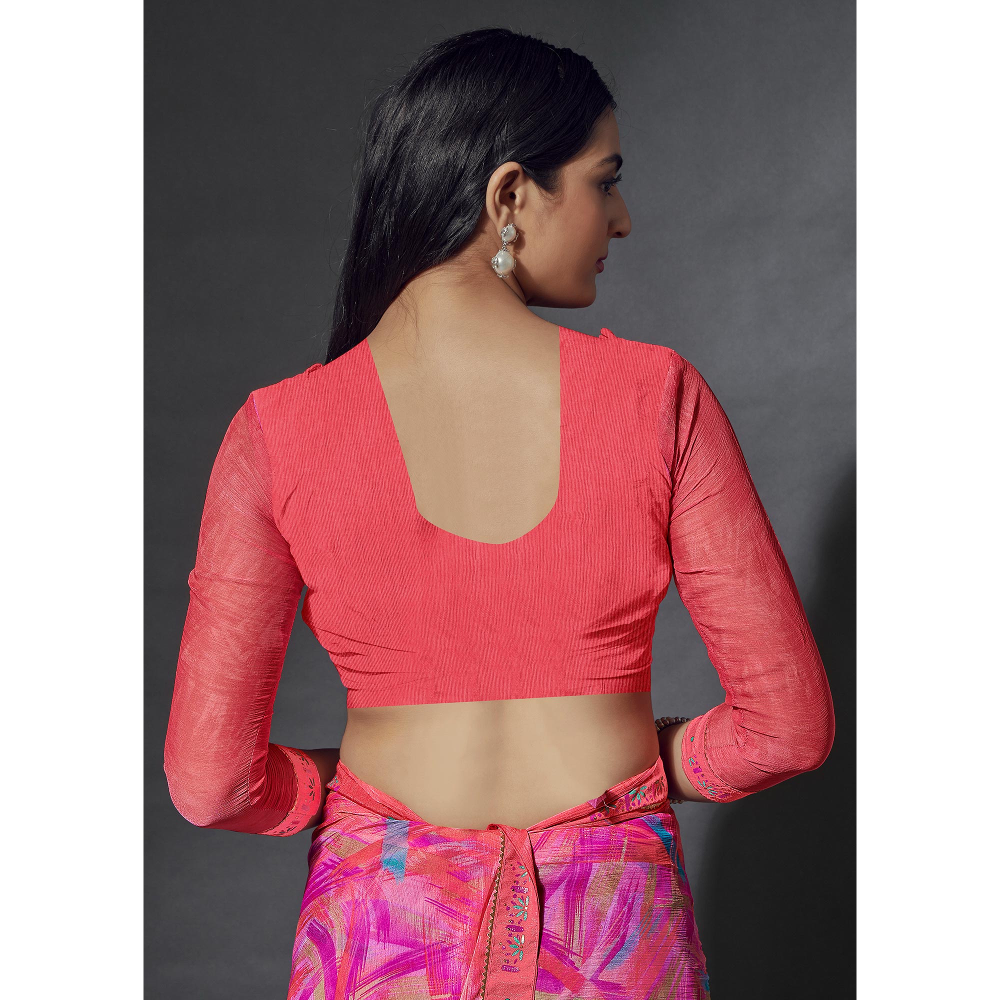 Pink Printed Chiffon Saree With Lace Border
