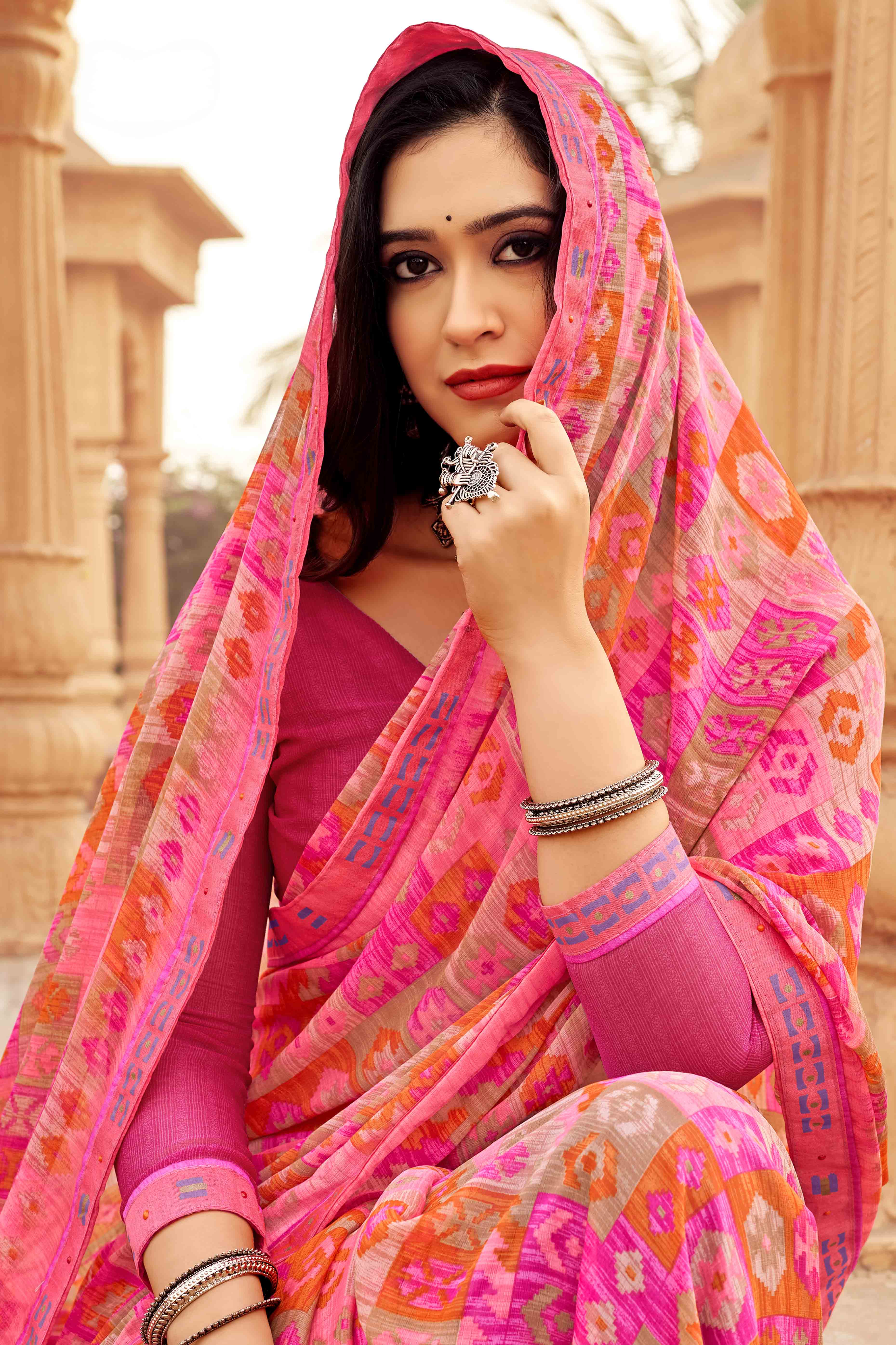 Pink Abstract Printed Chiffon Saree