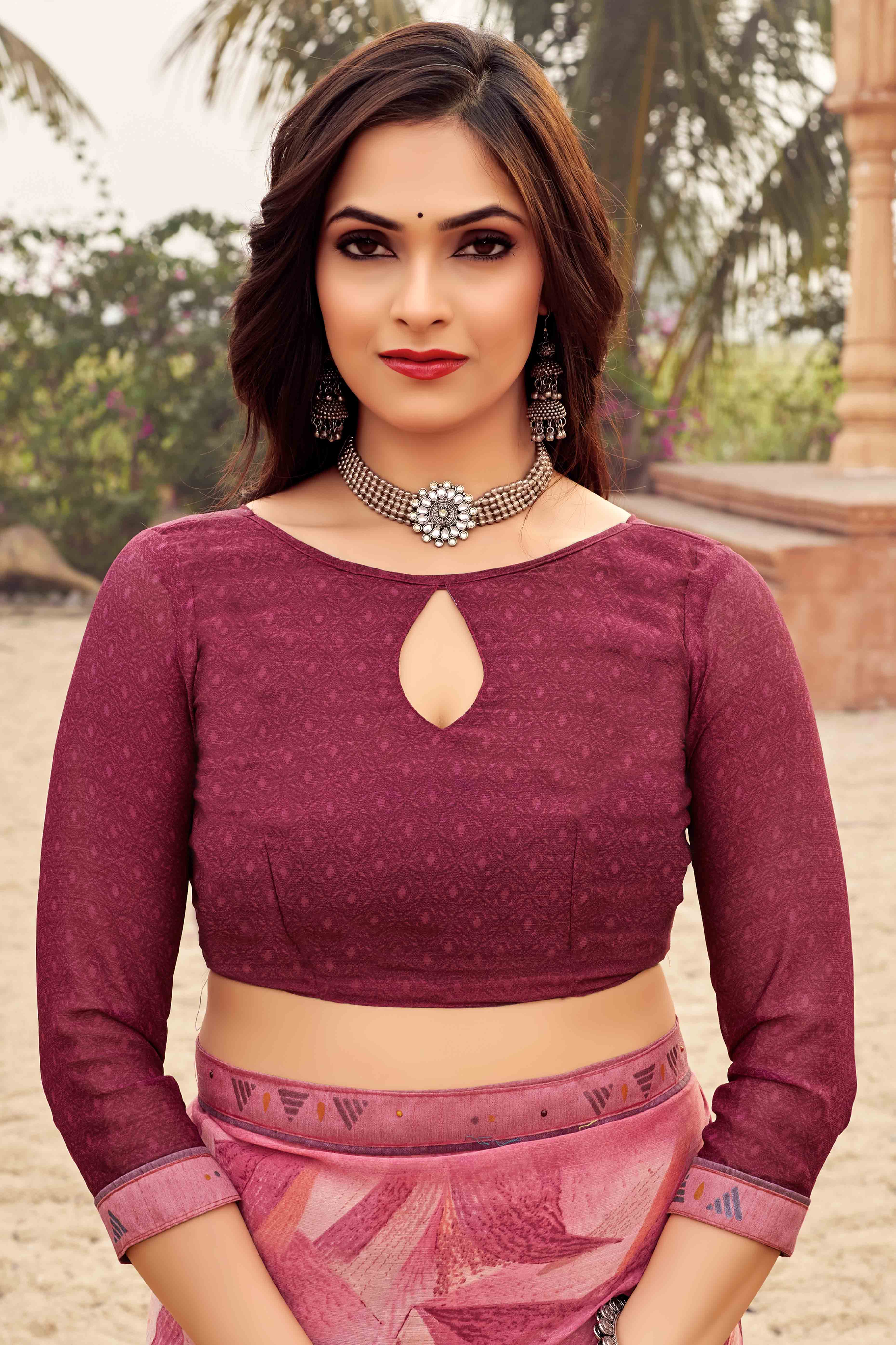 Wine Abstract Printed Chiffon Saree