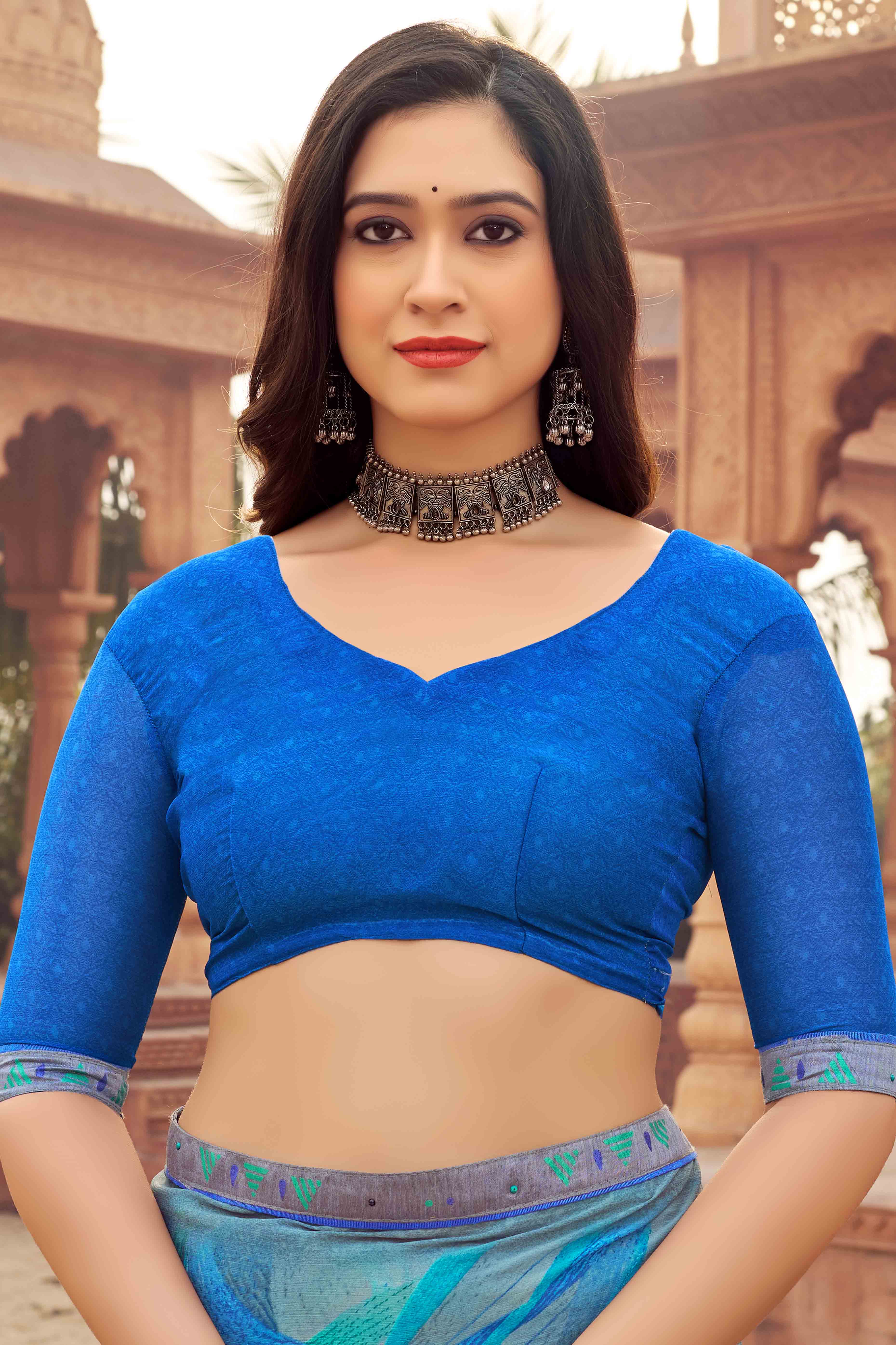 Blue Abstract Printed Chiffon Saree