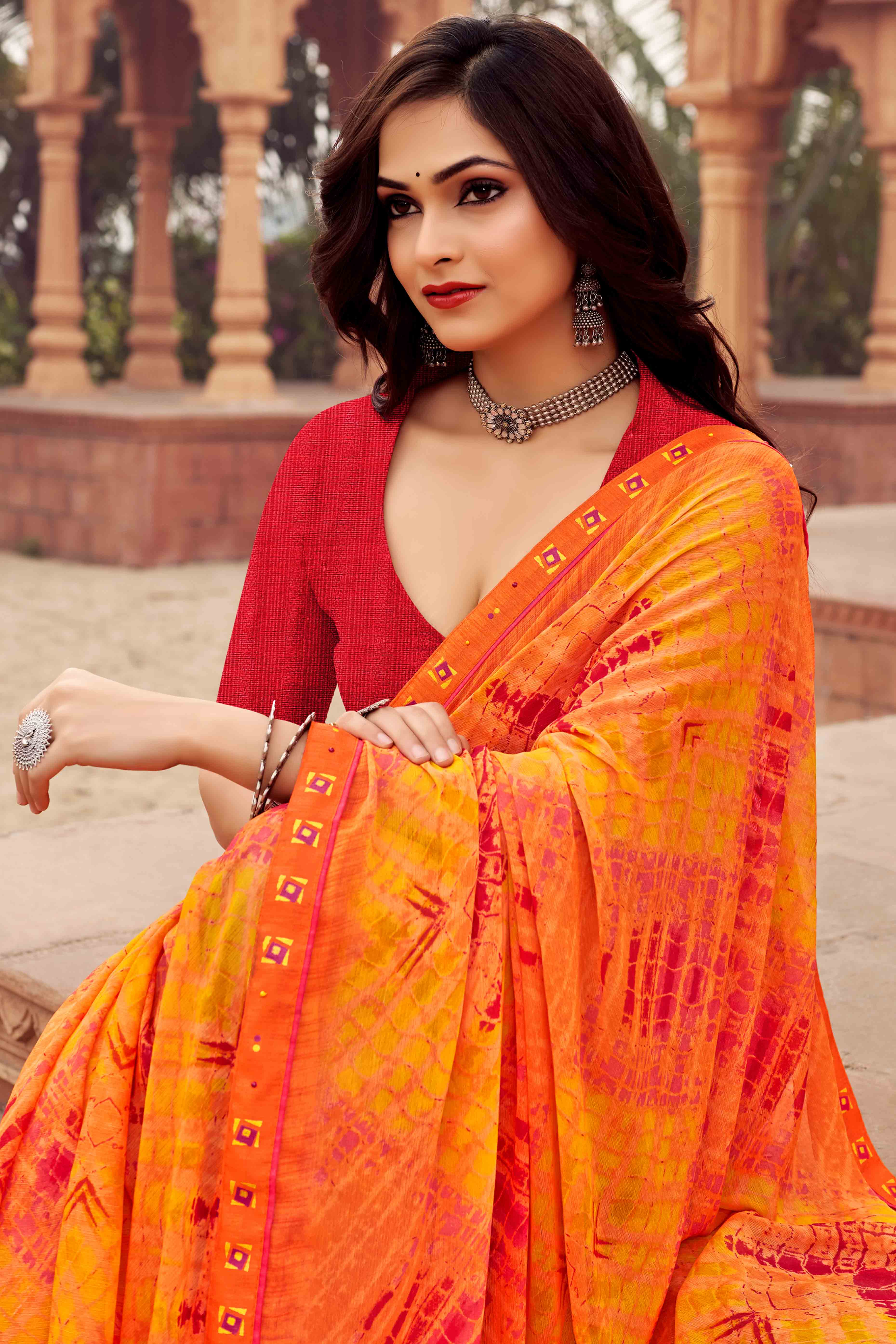 Orange Abstract Printed Chiffon Saree