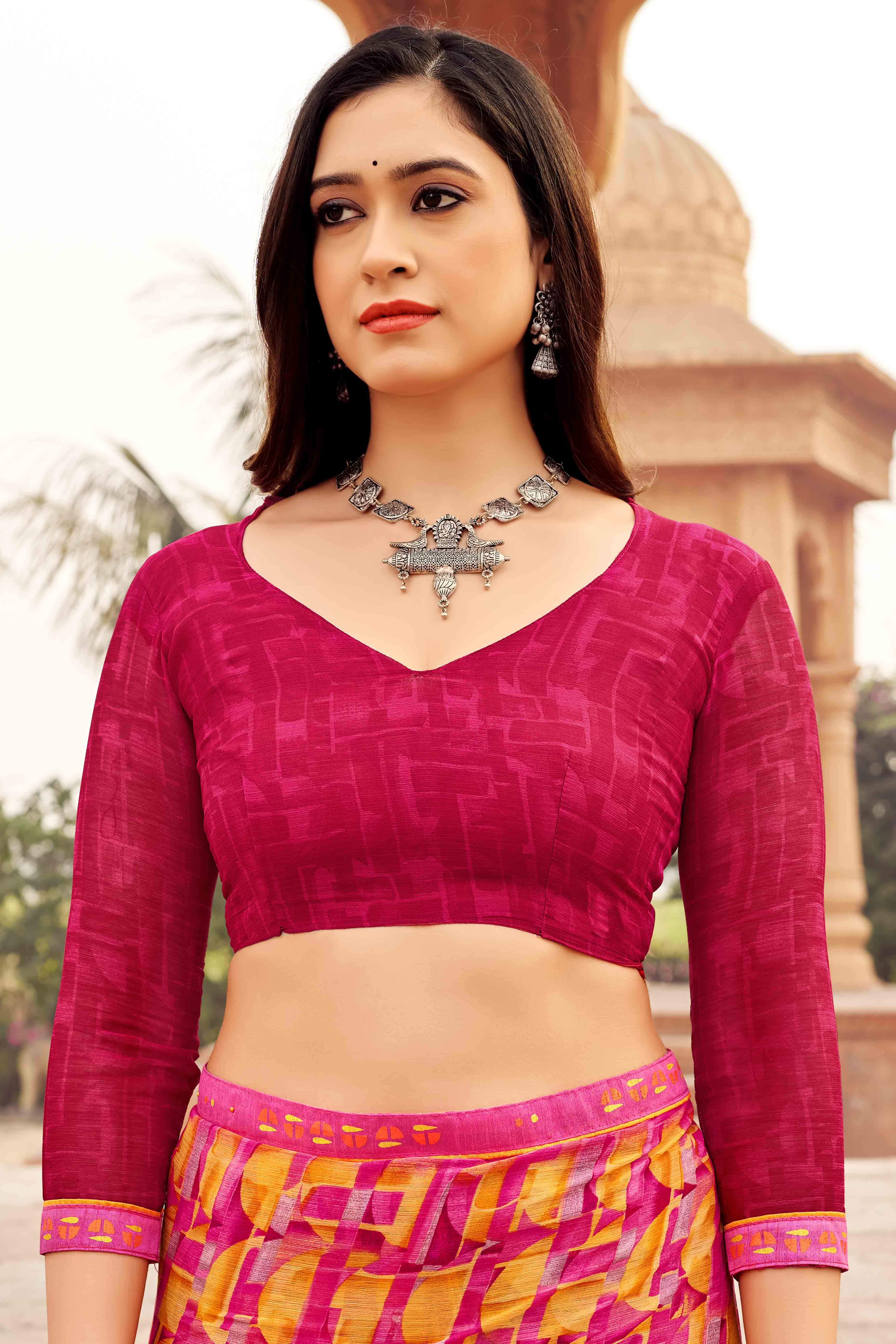 Pink Abstract Printed Chiffon Saree