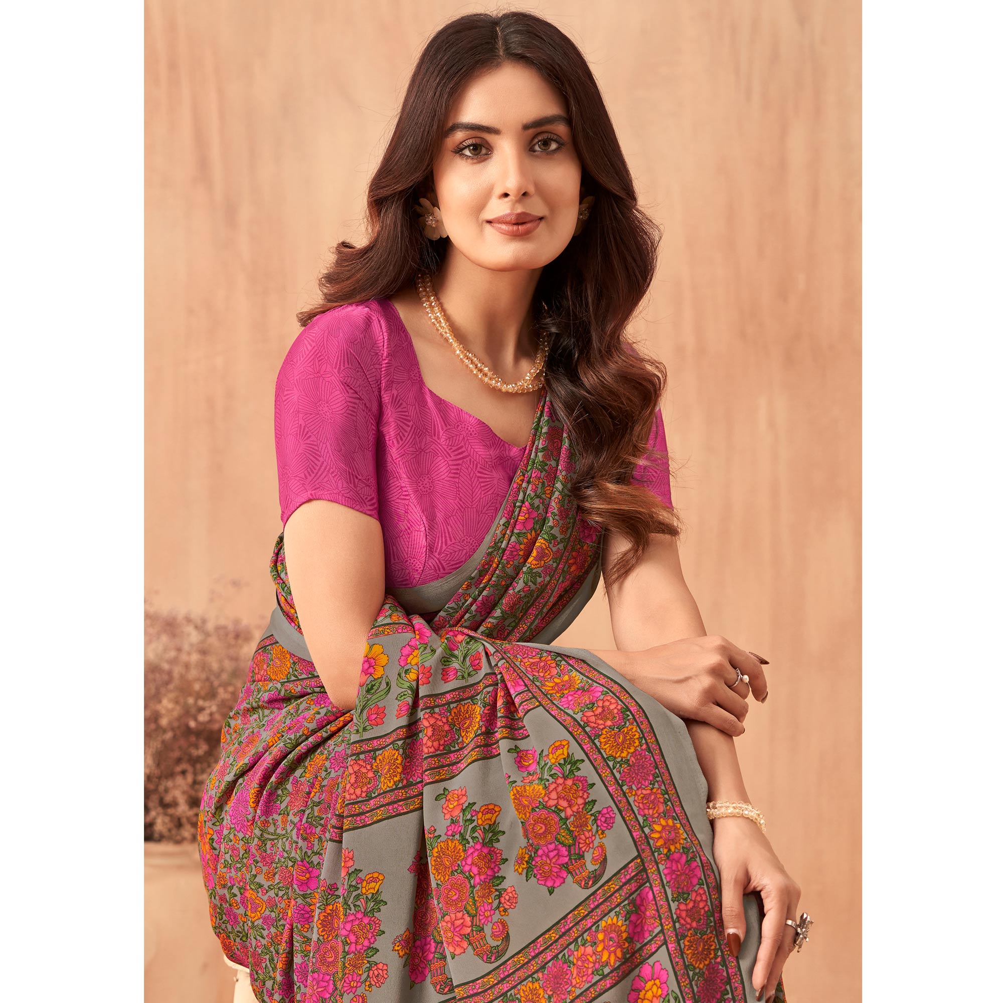 Pink Floral Printed Crepe Saree