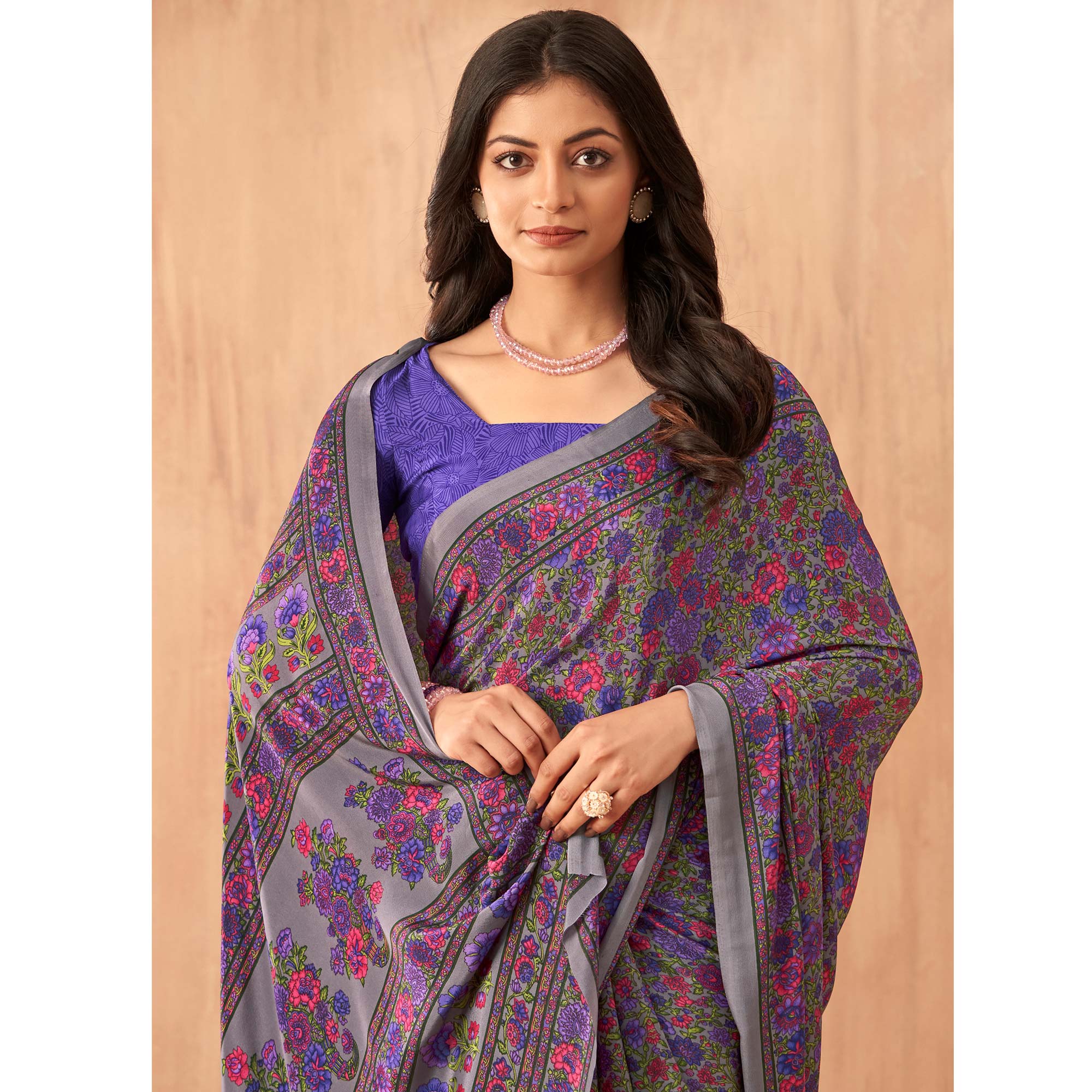 Purple Floral Printed Crepe Saree